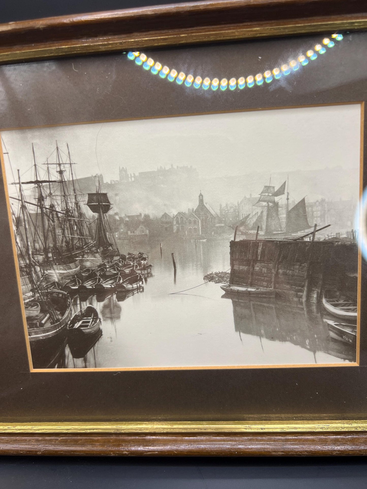Framed Whitby Photographic postcard. Boats in Whitby Upper Harbour. Frank Meadow Sutcliffe 1981