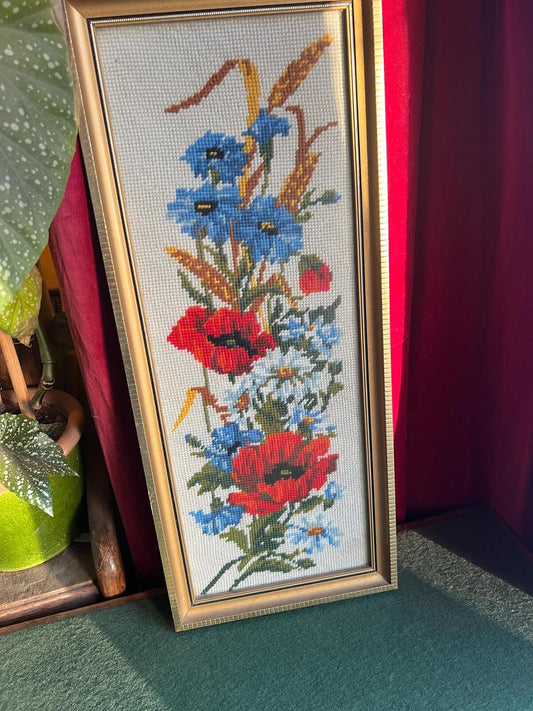 Vintage needlepoint Poppies and cornflowers. Framed Gallery wall decor. 1985.