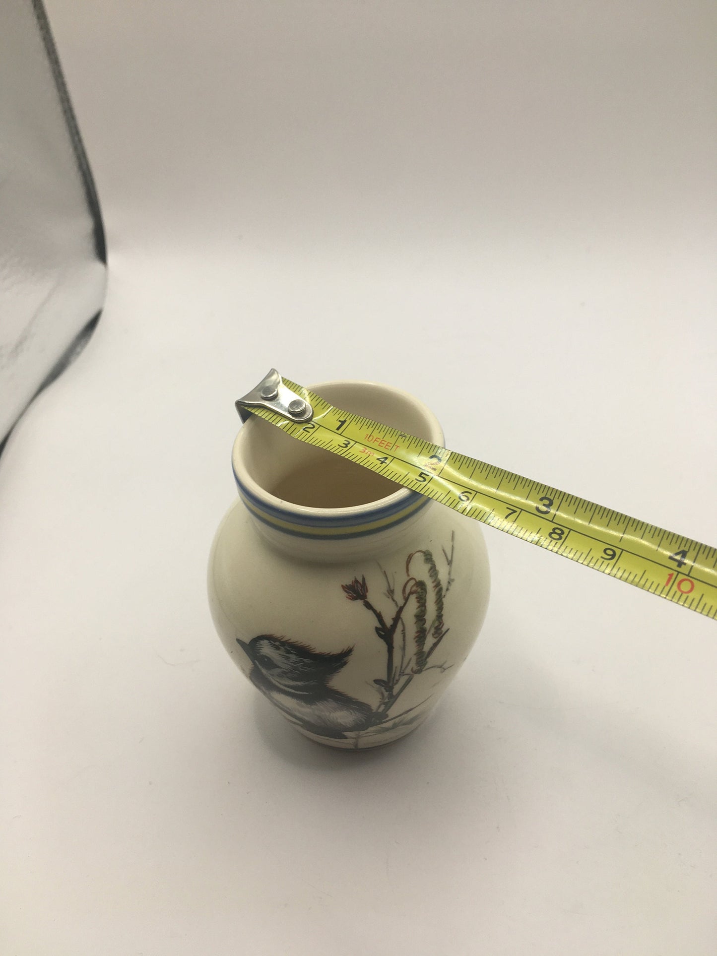 Ceramic bud posy vase. Double sided design Kingfisher and Crested Tit. Brixham Pottery Devon.