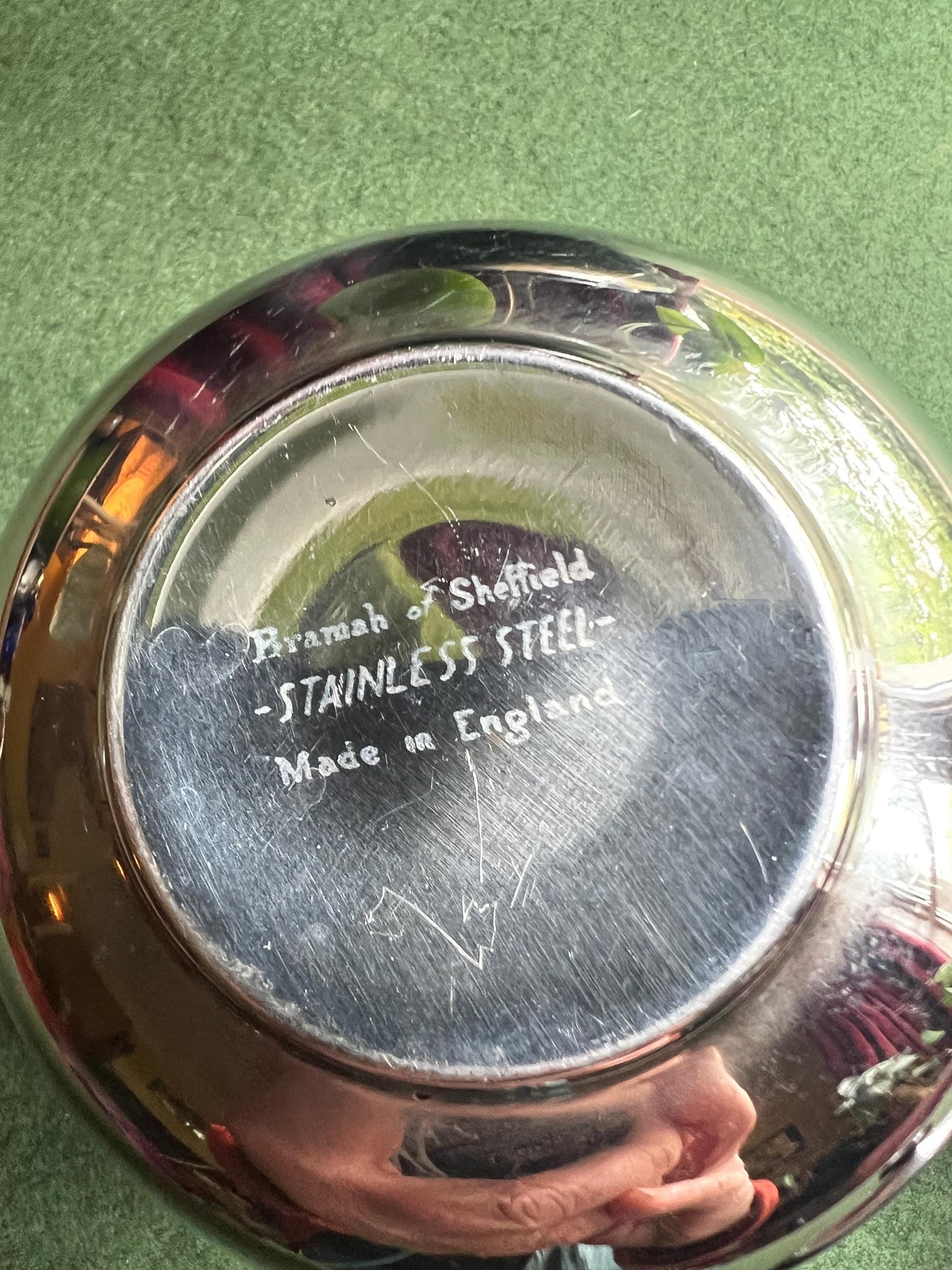 Stainless Steele lidded sugar bowl and creamer. Stamped Bramah of Sheffield Made in England.