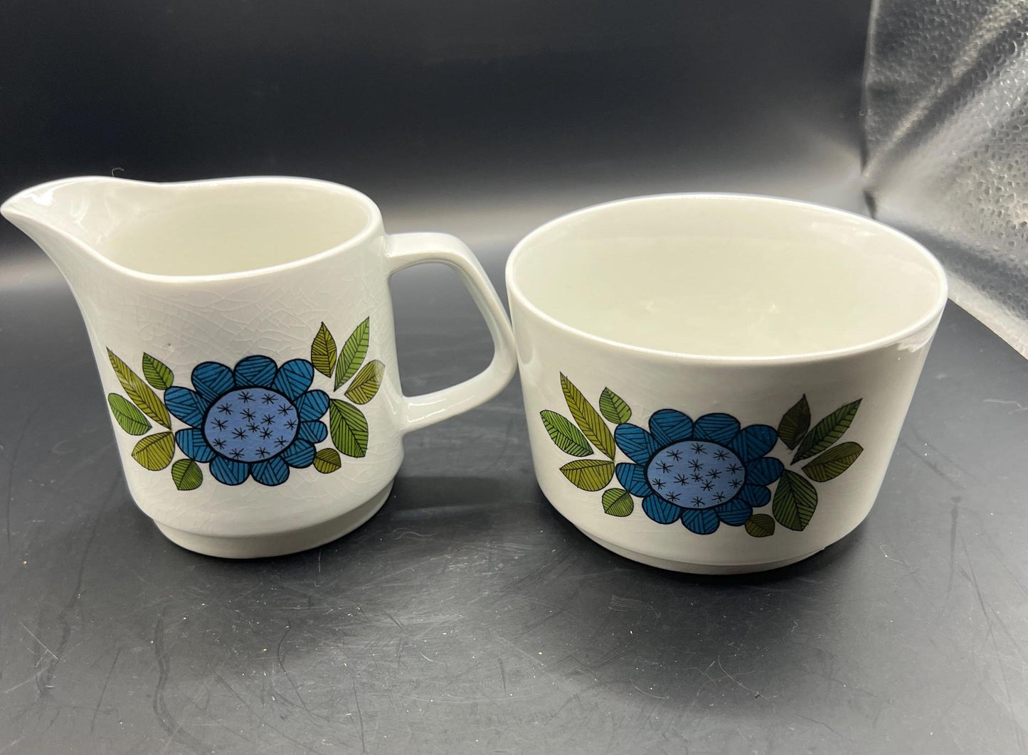 JG Meakin Vintage milk jug and sugar bowl Topic design Ironstone England.