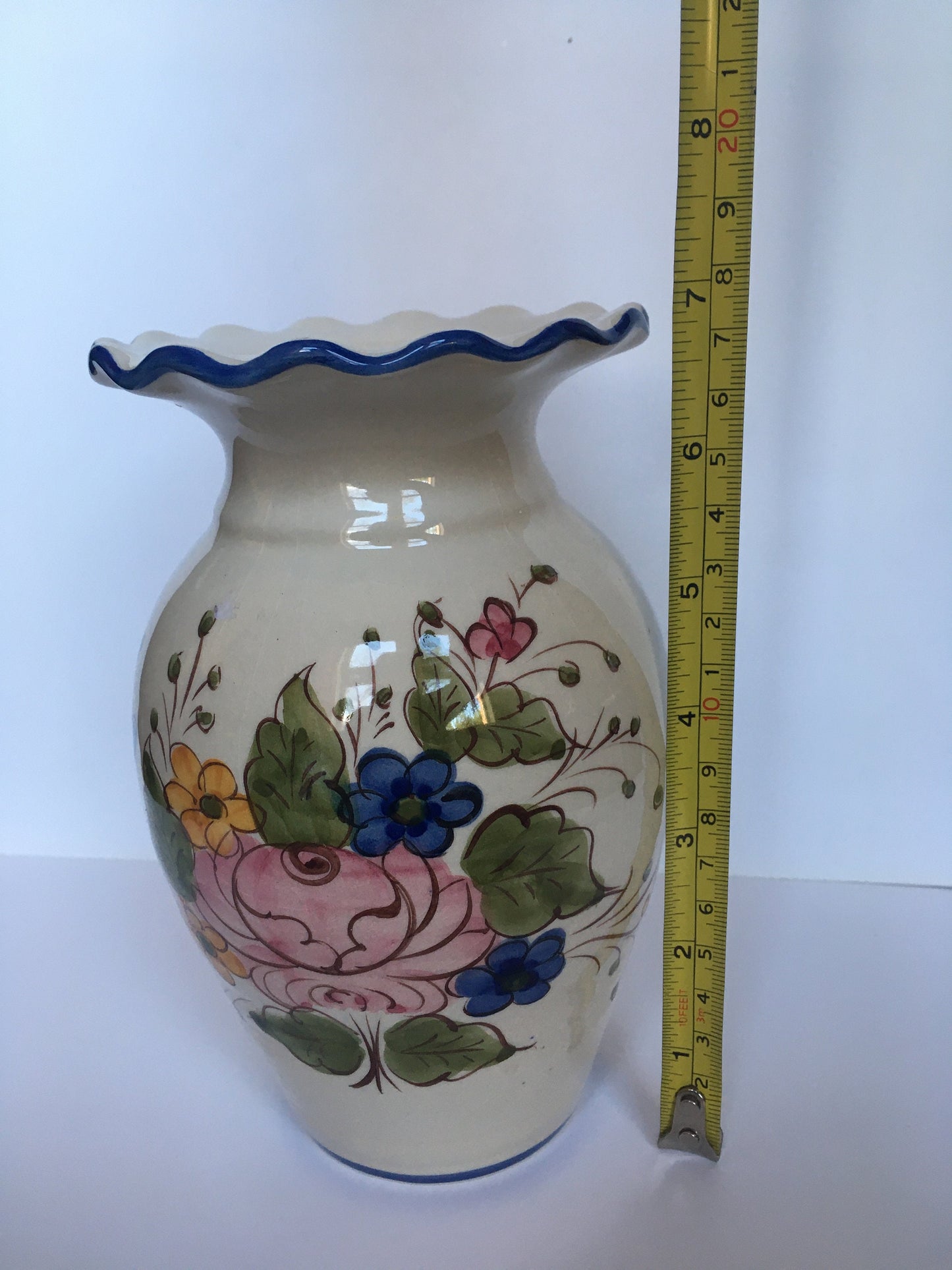Flower vase Beautiful Alcobaca Portugal Pottery. Hand painted floral vase.