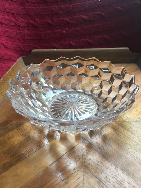 Clear glass Fostoria serving bowl. Vintage cubist design console bowl