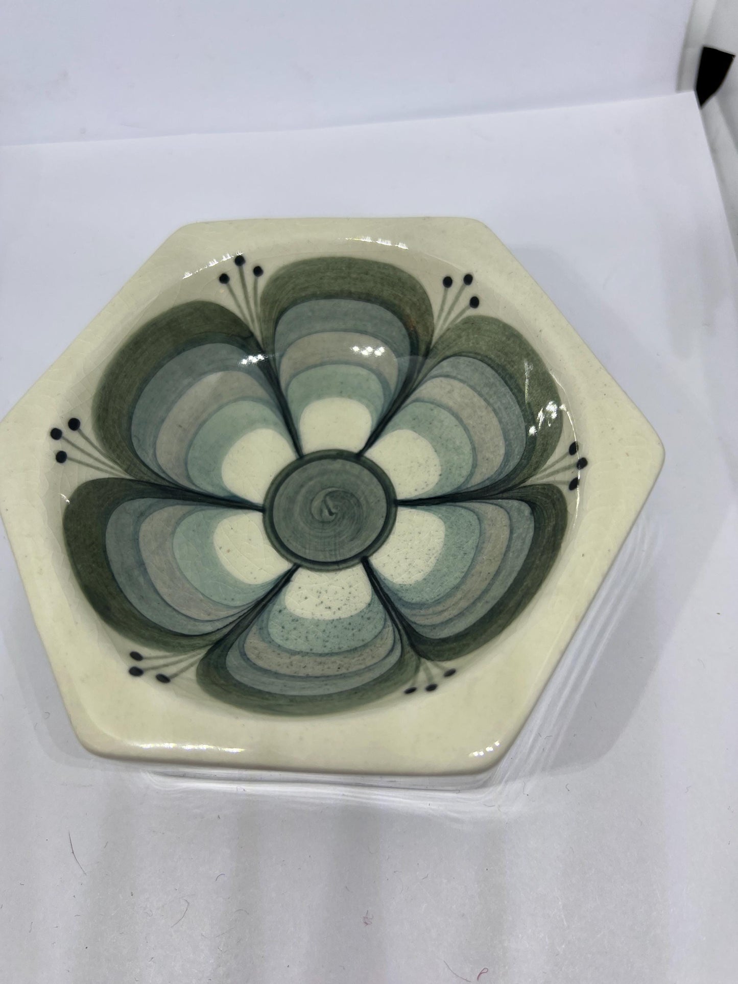 Hexagonal ceramic trinket dish. Signed Jersey pottery.