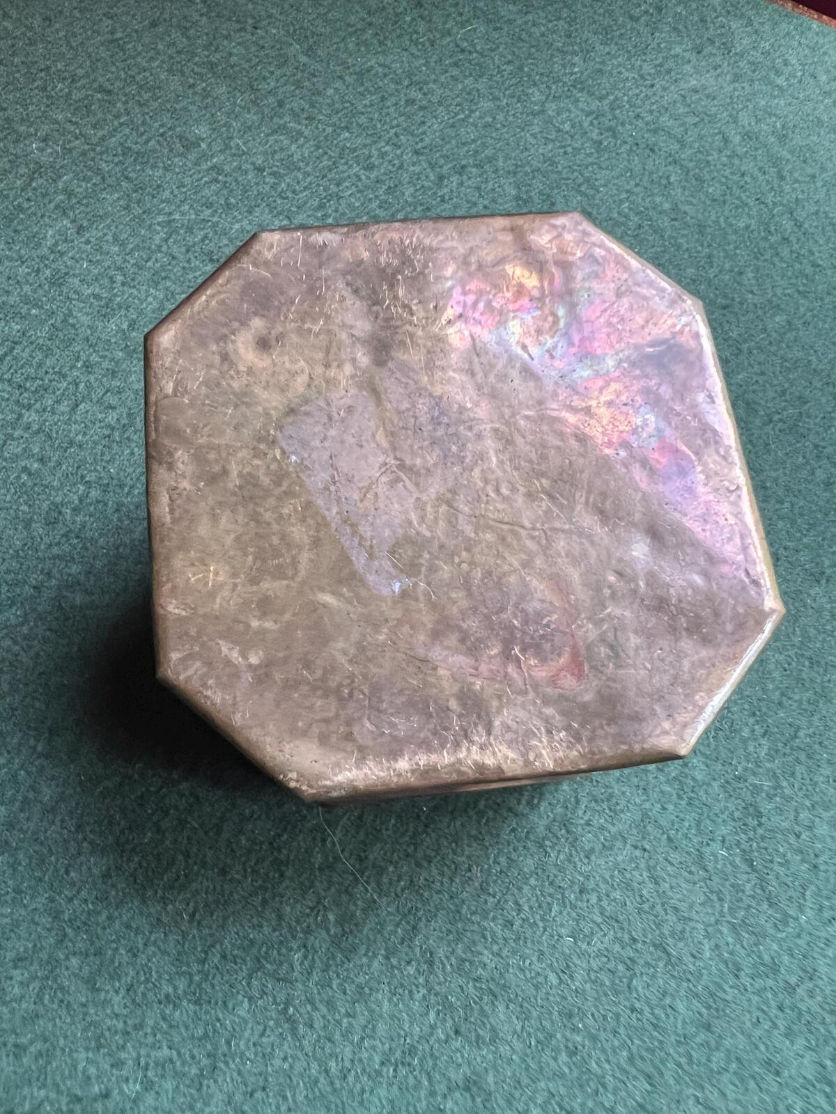Antique Vintage brass octagonal lidded box. Great patina. Hinged trinket stash box with handle and clasp.