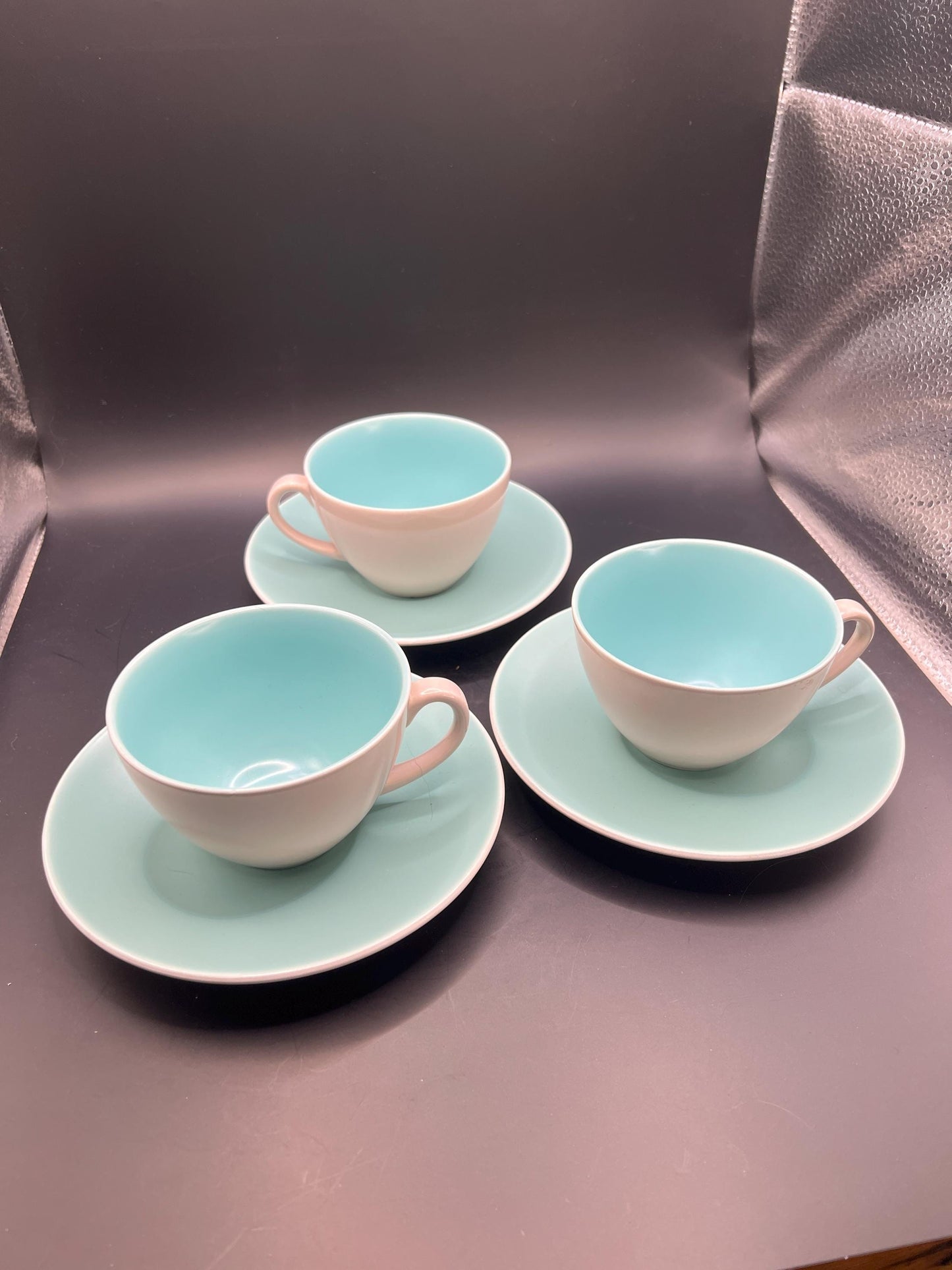 Poole pottery Ice green mushroom twintone ceramic cups matching saucers. 3 available.