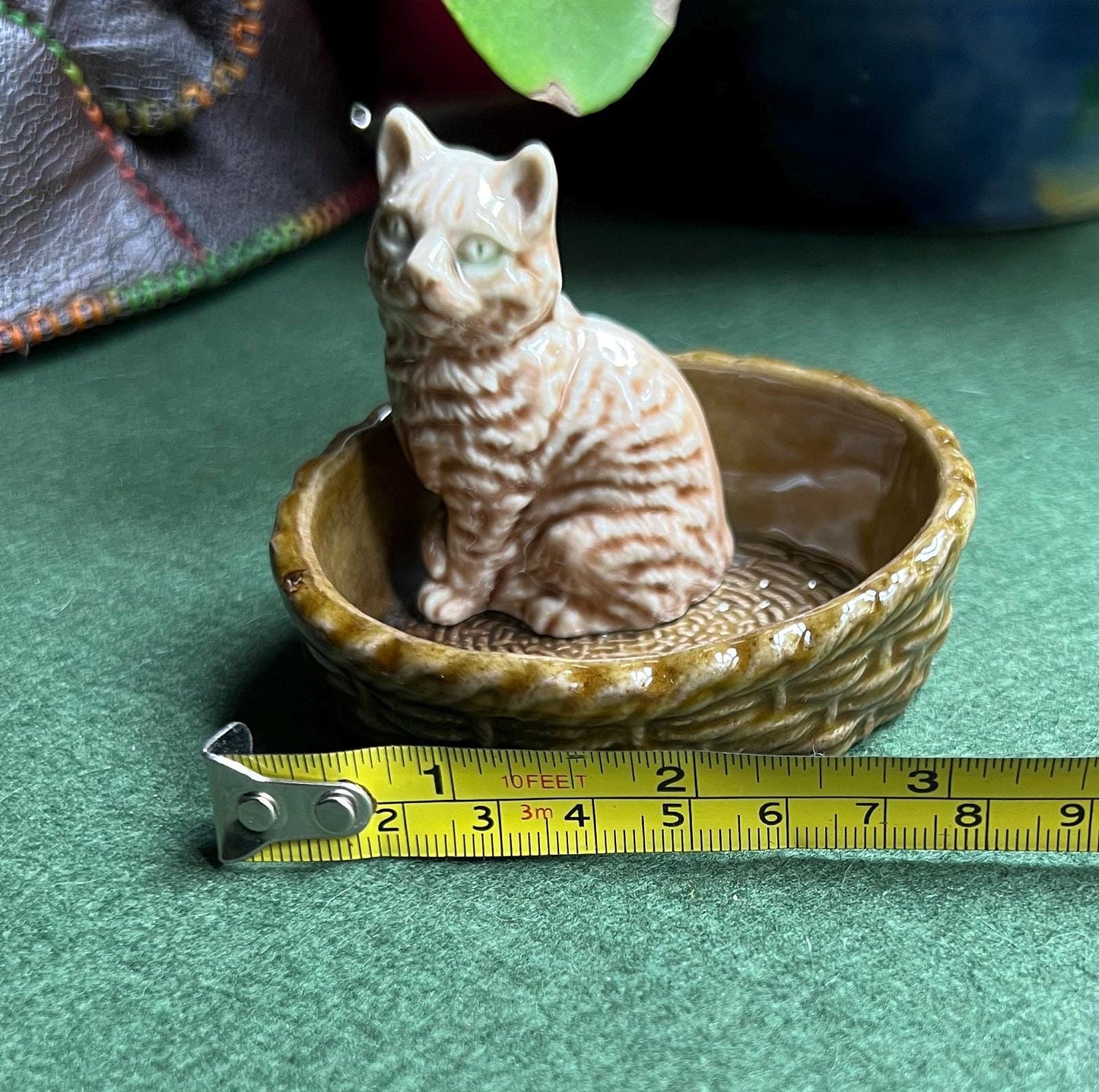Wade tabby cat sitting in a  green basket.