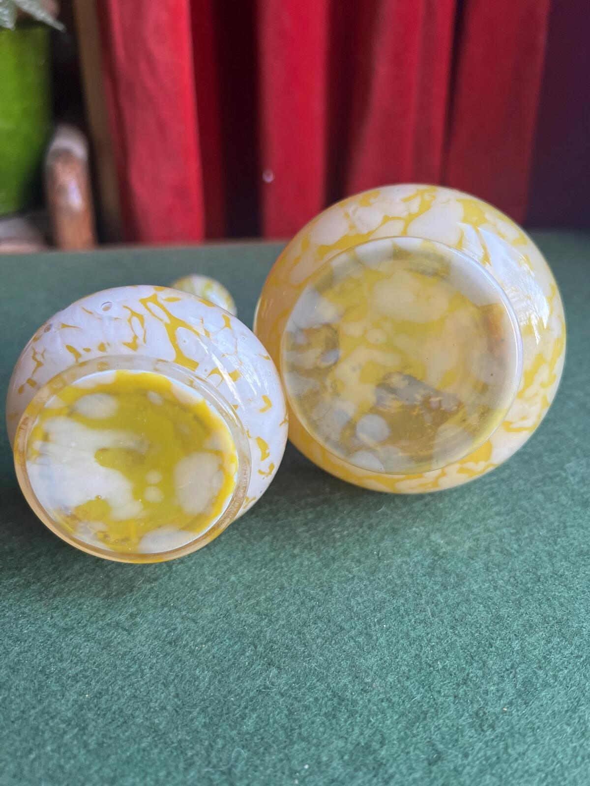 Pair of Welz Bohemian Lemon Yellow & White Spatter Glass Vases. Hand painted gold enamel details. Antique glass collector gift.
