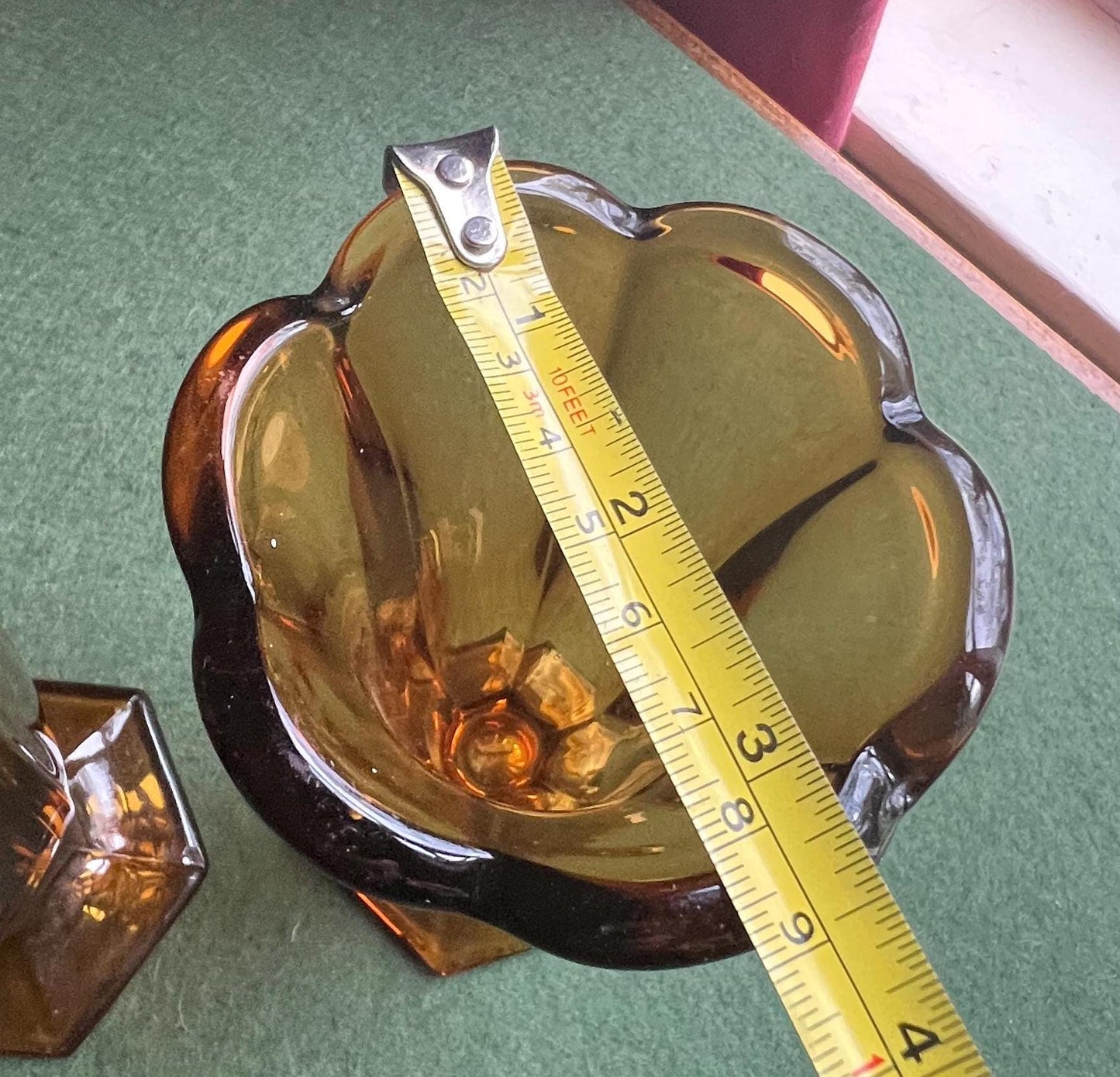 Art Deco Amber glass vase. Tall sundae dishes.