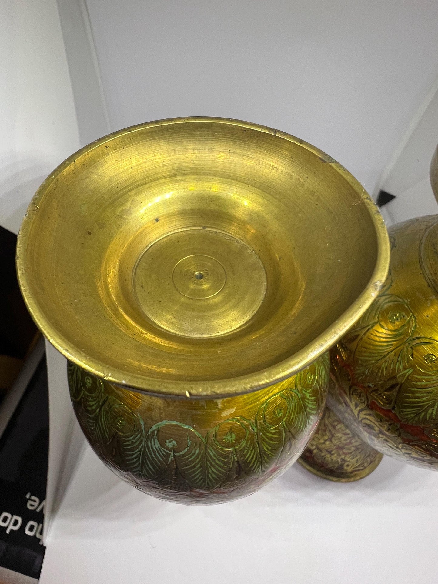 Vintage brass enamel ornamental vases. 2 available.