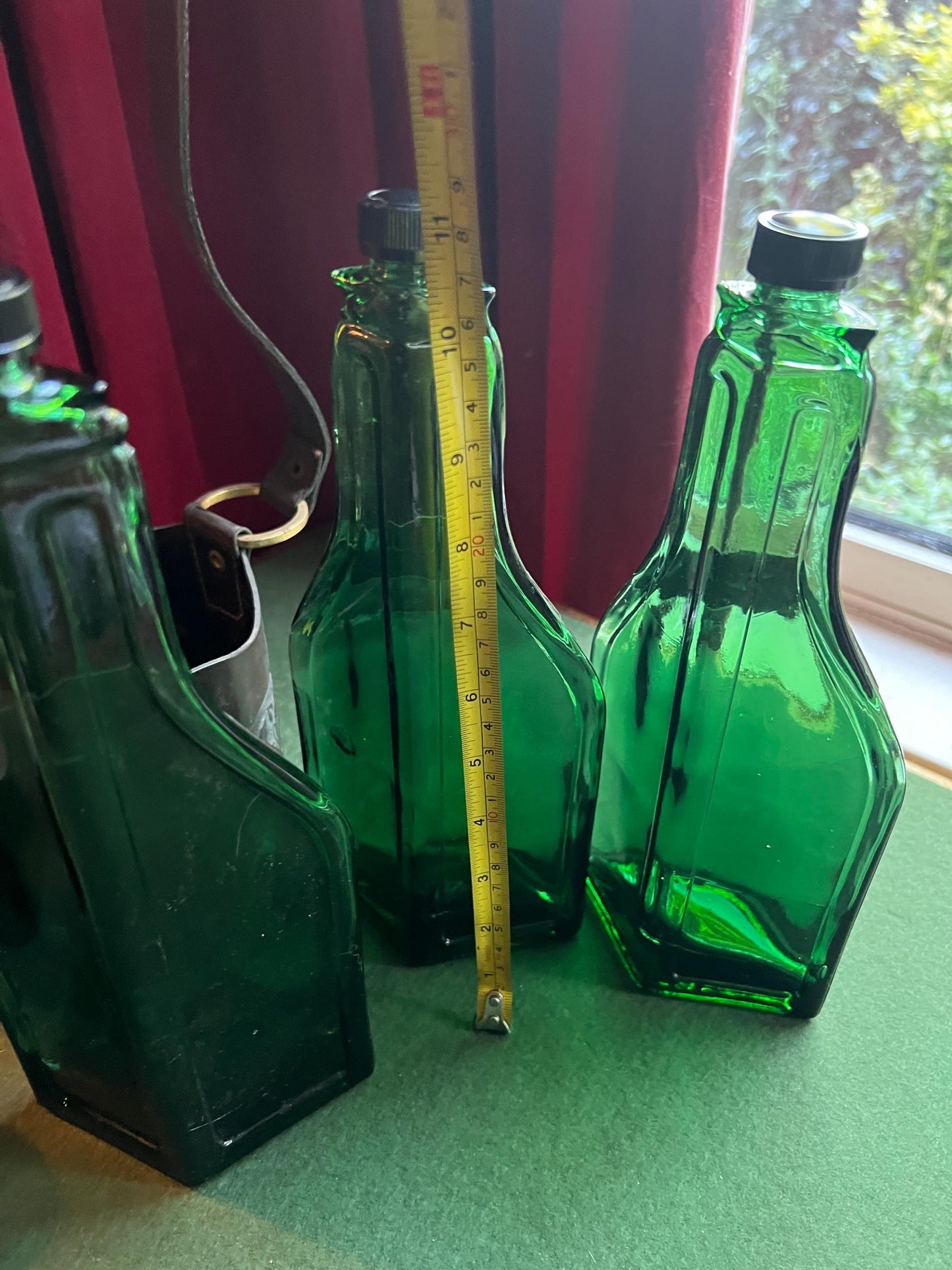 Vintage Italian Glass Decanter 3 triangular Bottles In Leather Holder with Handle.