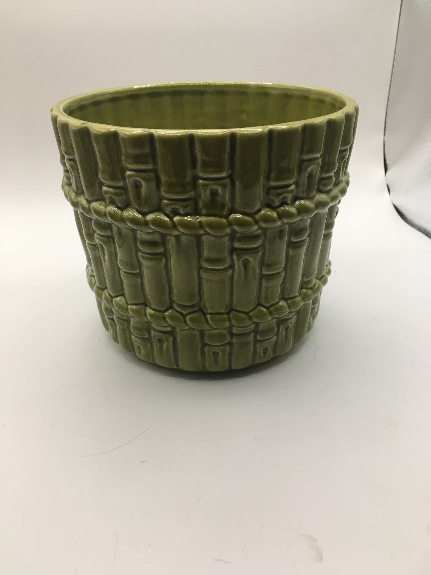 Sage green plant pot. Rare 1980's CASA PUPO bamboo patterned planter.