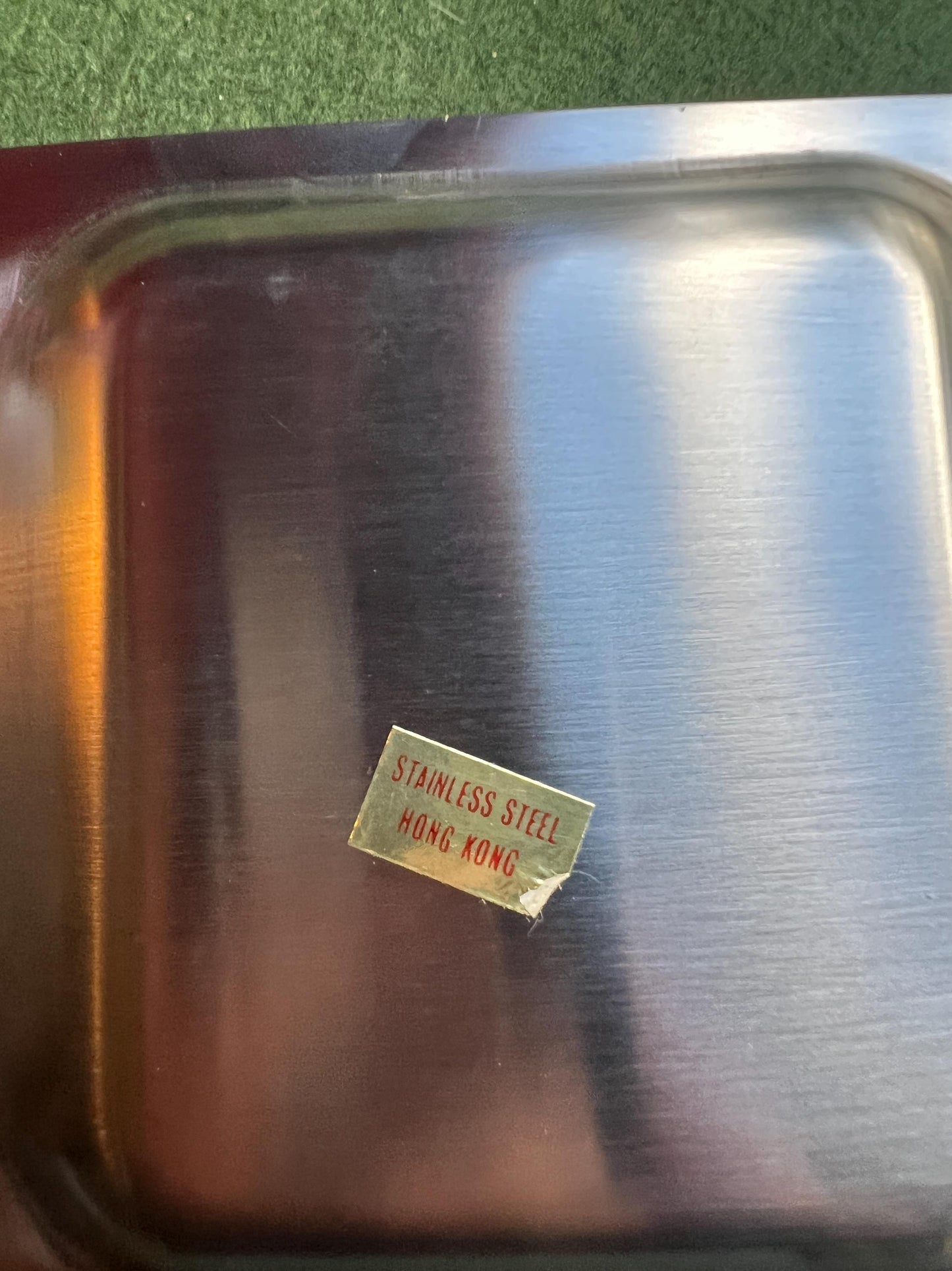 MCM 1960s Stainless steel and wooden serving tray. Original box 3 part Hong Kong Stainless Steel sticker.