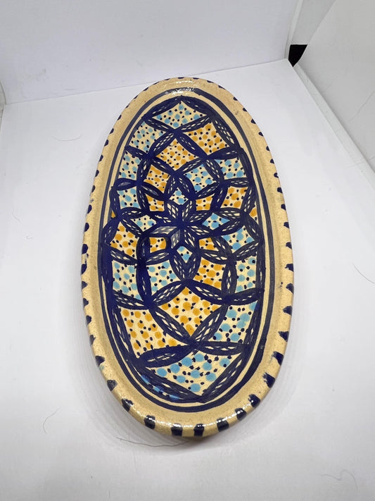 Vintage decorative ceramic oval dish. Tunisian style.
