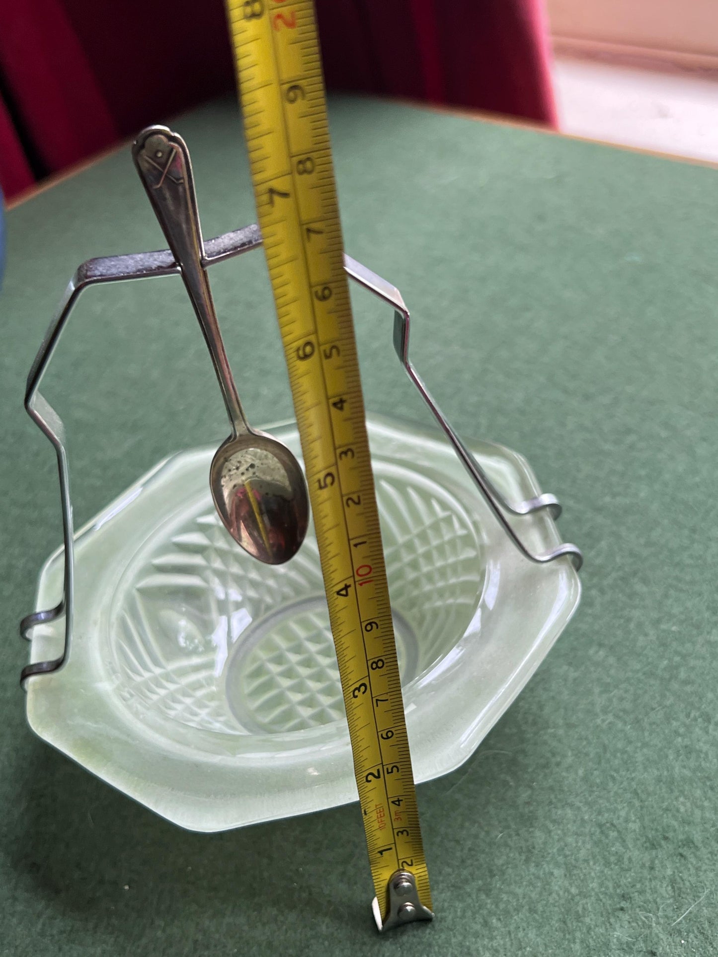 Vintage green pressed glass jam sugar bowl with metal handle spoon hanger. Stamped W+H.