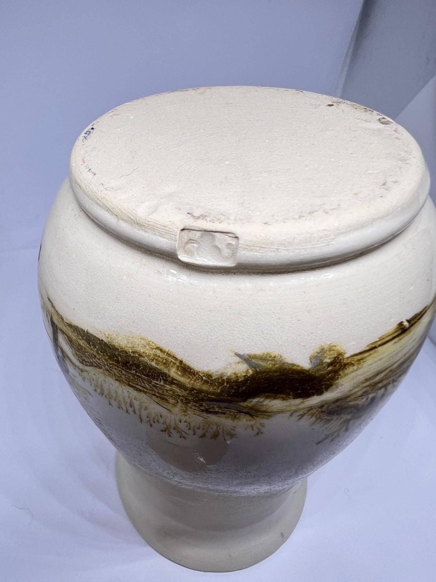 Mocha ware lidded pot Cream glaze with tree design detail in the style of Vanessa Waller.