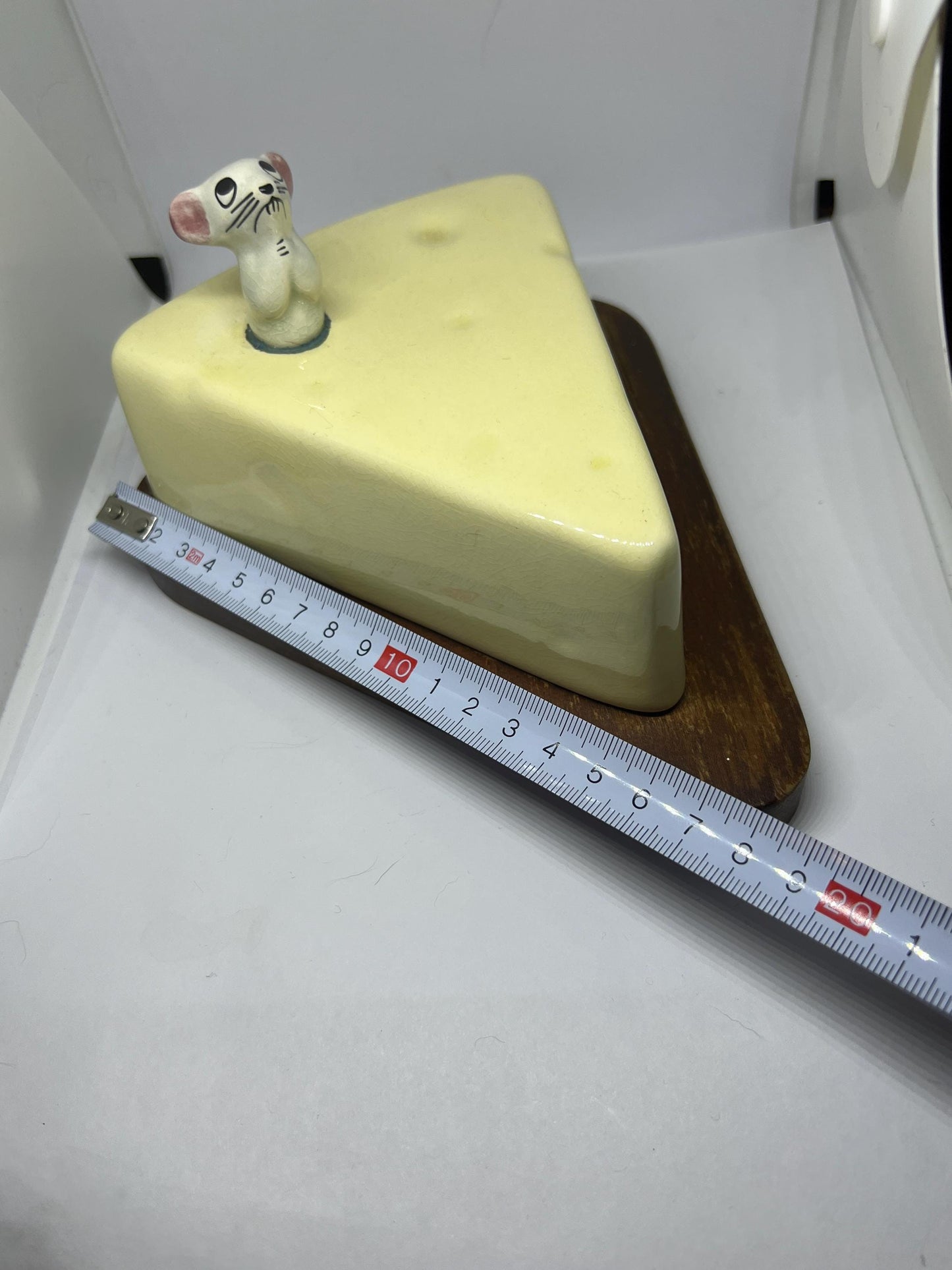 Retro ceramic wood covered cheese dish with kitsch mouse.