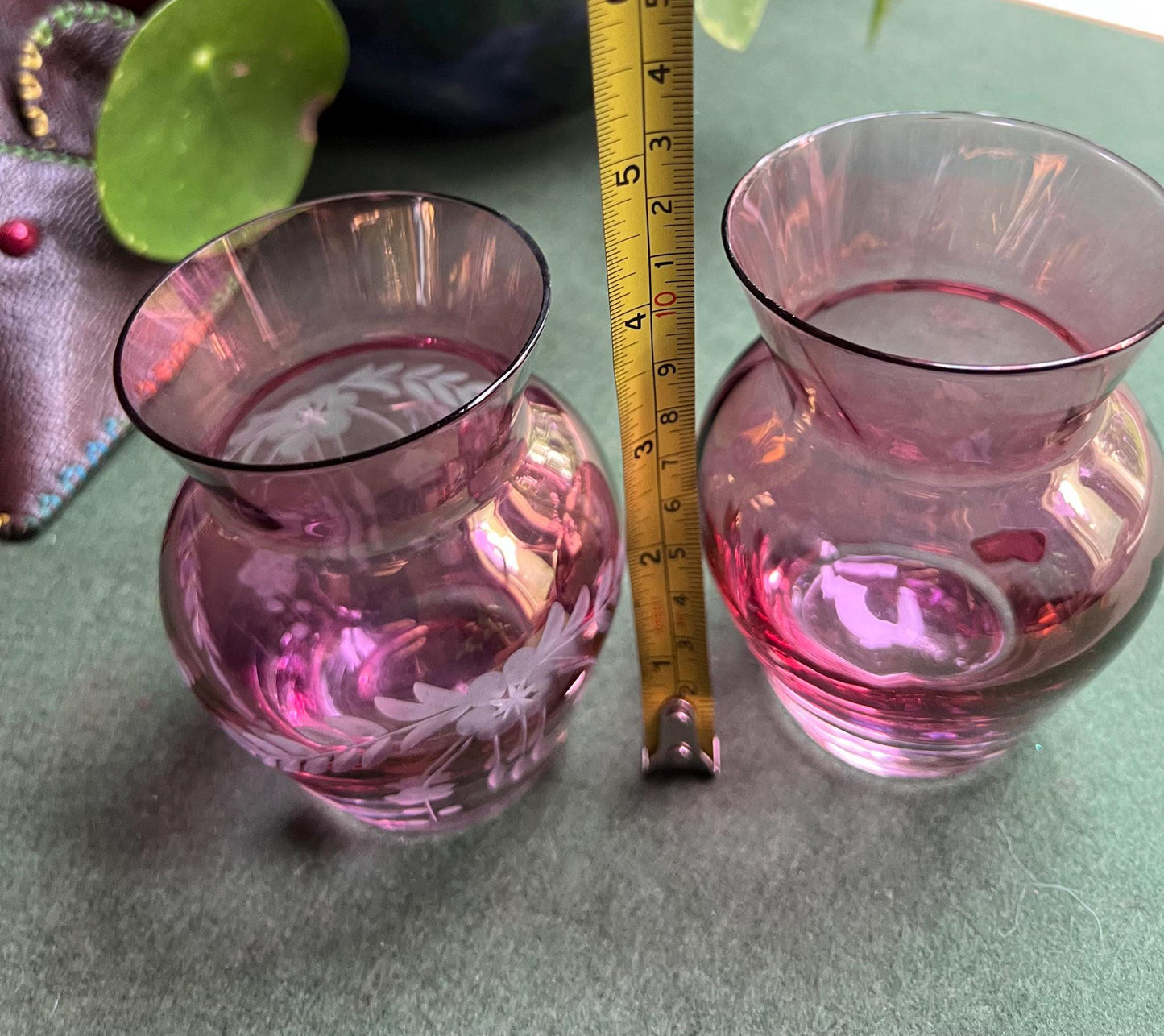 Cranberry glass posy vase. Bohemian crystal pink glass vase. Etched pink bud vase. Pink posy vase. Original sticker. Bohemian Glass crystal.