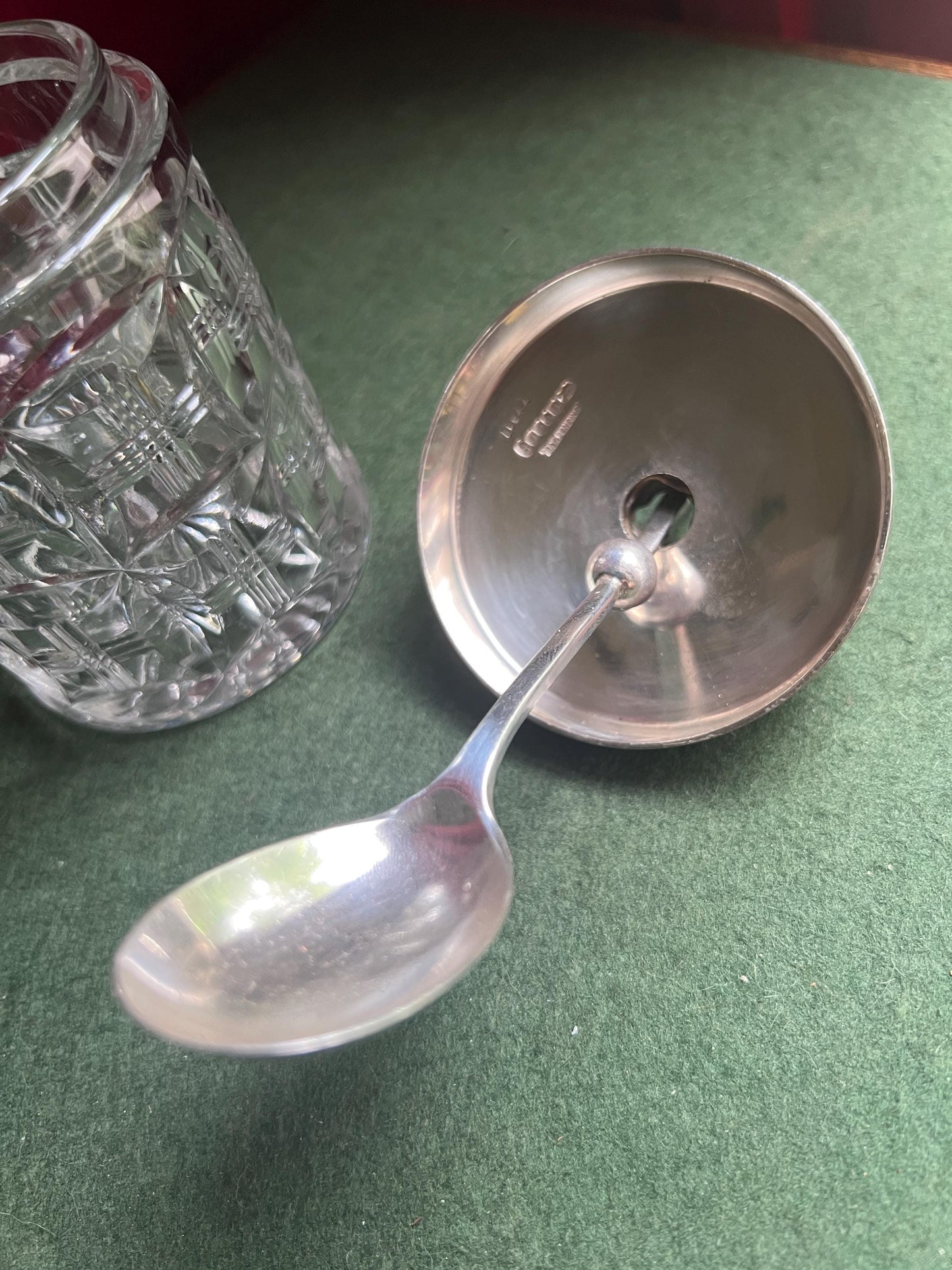 Vintage antique mustard jam pot. Cut glass silver plated lid conserve jar.