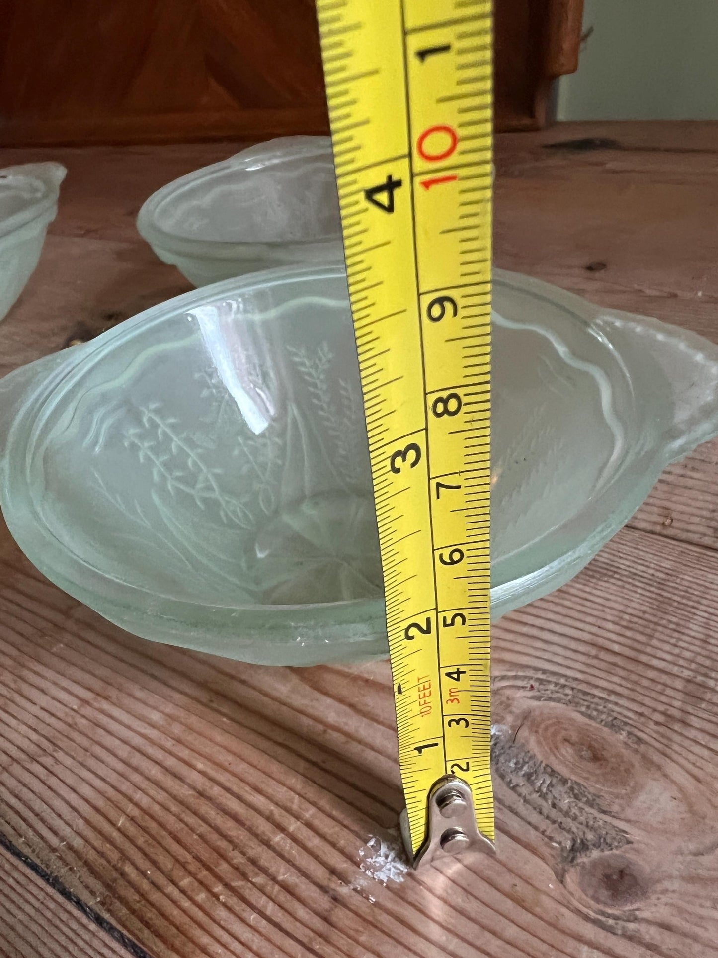Set of Vintage Green Glass Fruit Bowls. 5 X Walther and Sohne Germany Fish & Seaweed pattern.t