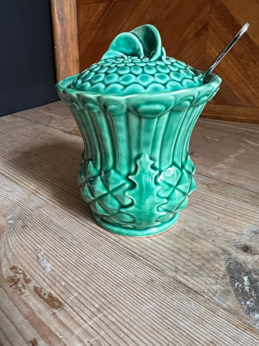Vintage Highland Ware lidded honey jam pot. Emerald green thistle decoration.