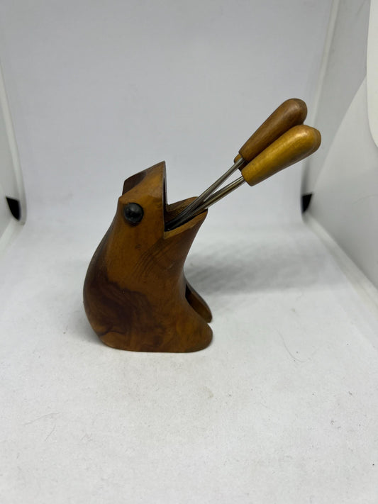 Hand carved wooden frog holder with appetizer forks