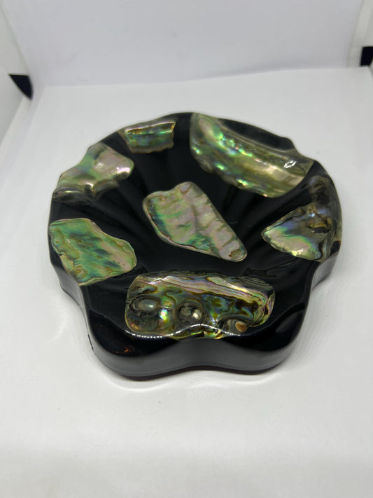 Vintage Abalone shell and Lucite soap dish. Marine Opal Original sticker.