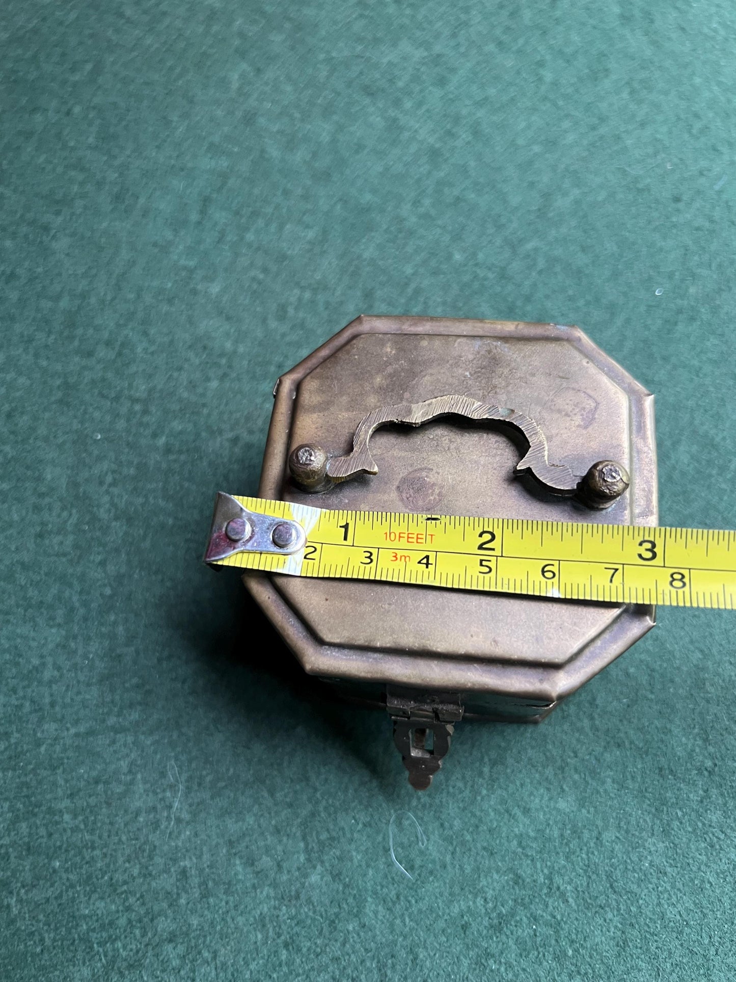 Antique Vintage brass octagonal lidded box. Great patina. Hinged trinket stash box with handle and clasp.