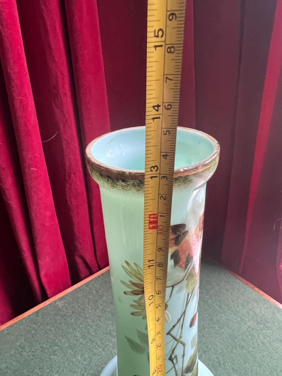 Antique uranium glass hand painted enamel floral vase. Harrach Bohemian glass tall decorative vase.