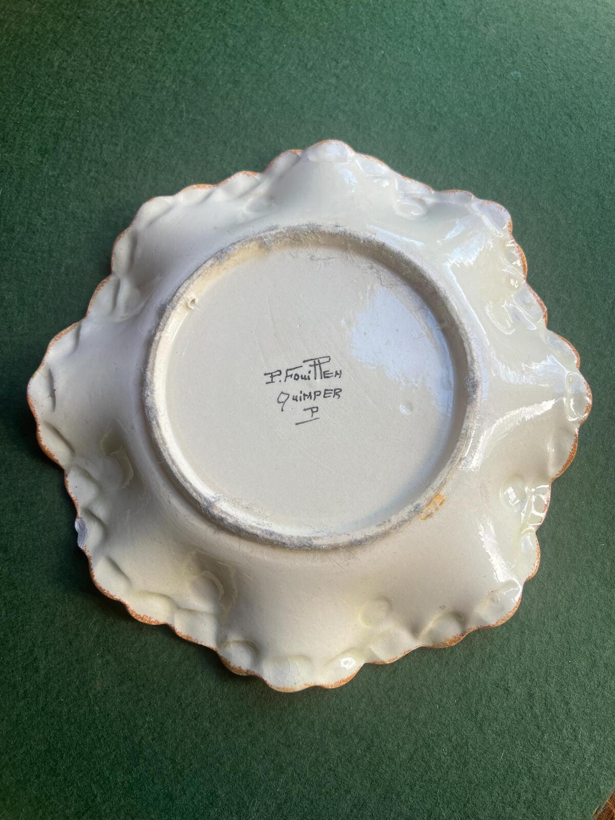 Decorative faience plate. Signed Paul Fouillen Quimper France. Hand-painted floral mandala motif scalloped rim. Gallery wall decor.