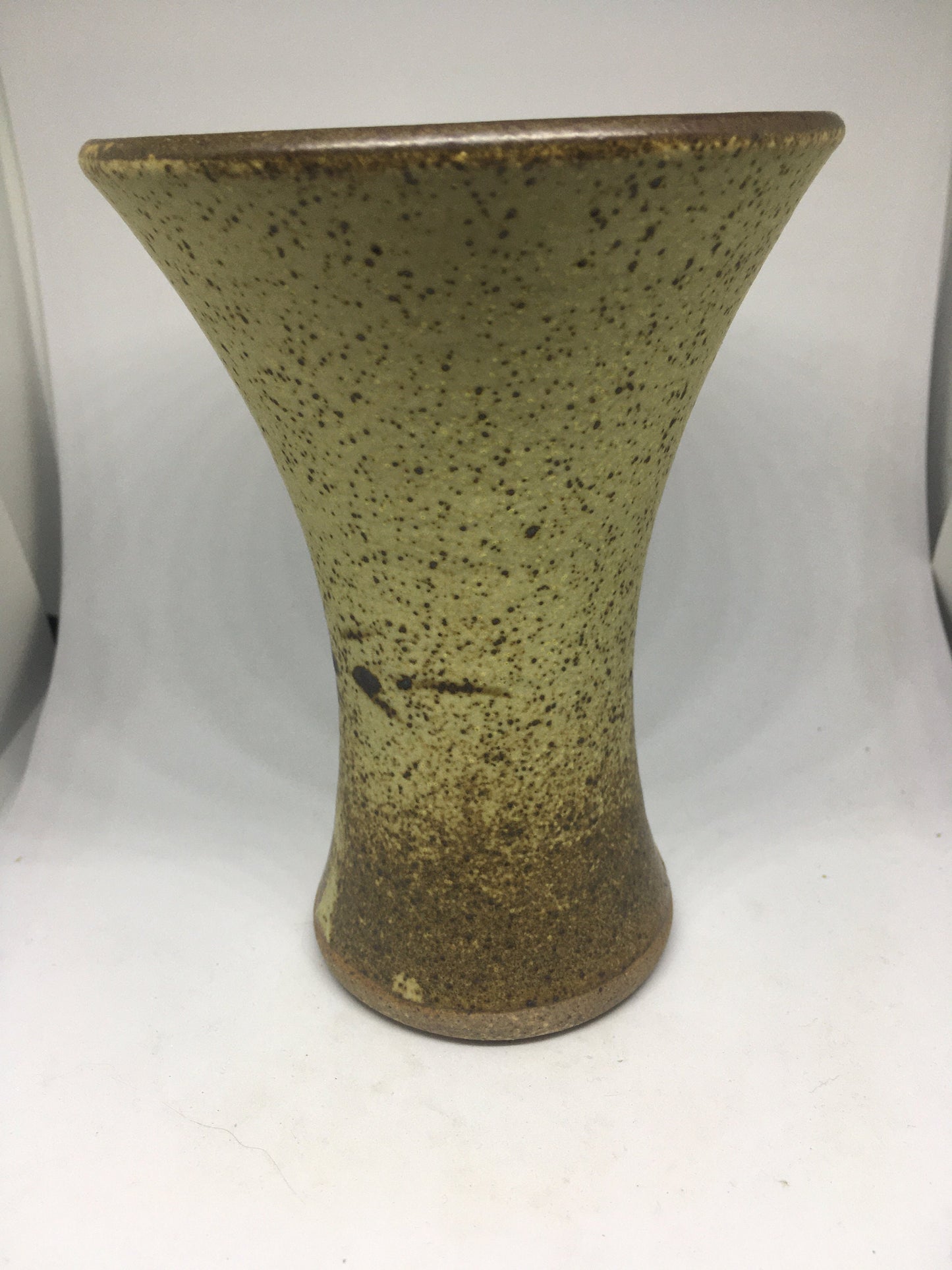 Vintage stoneware trumpet vase with abstract design. Speckle glazed mid century flower display vase.