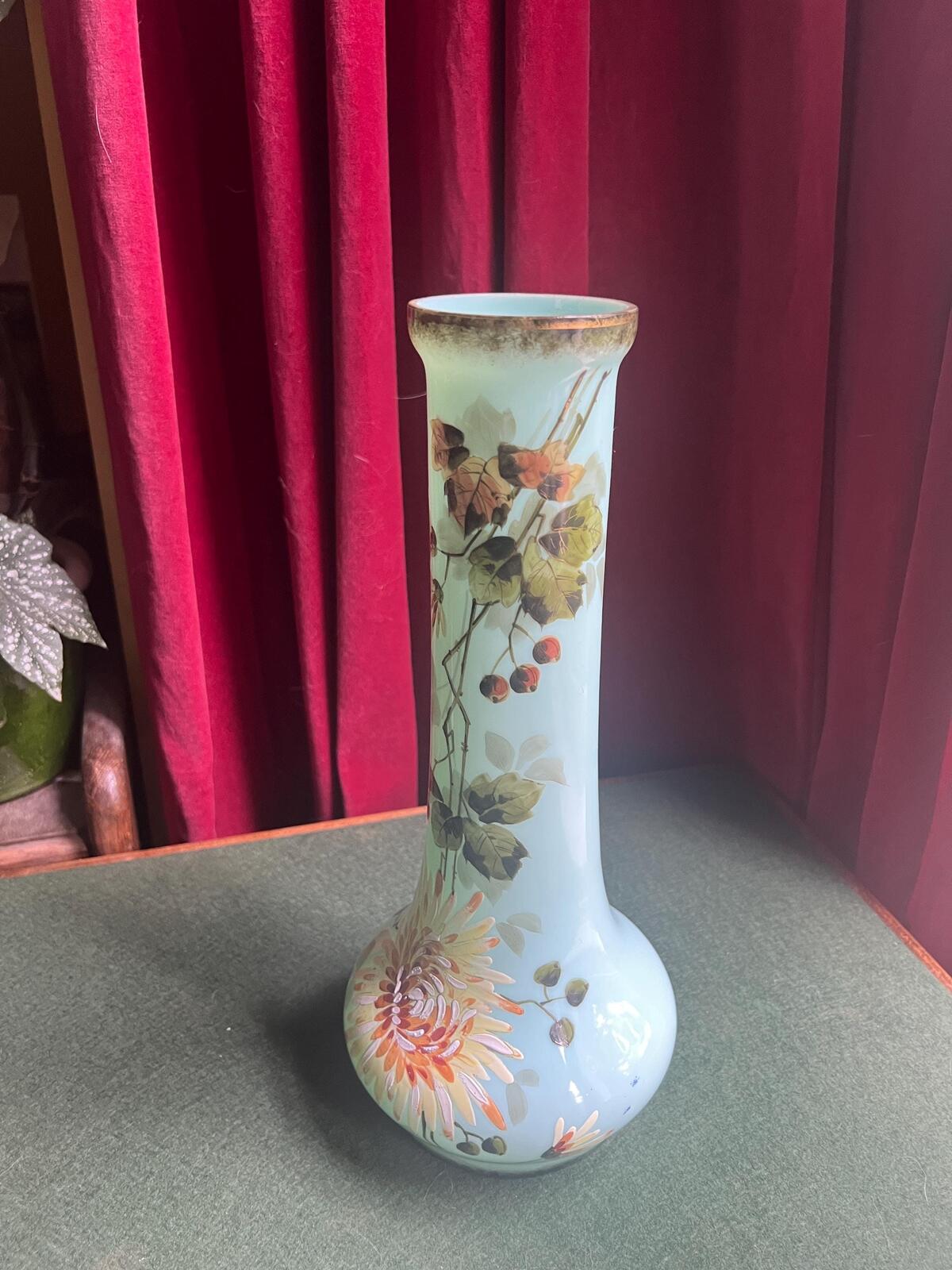 Antique uranium glass hand painted enamel floral vase. Harrach Bohemian glass tall decorative vase.