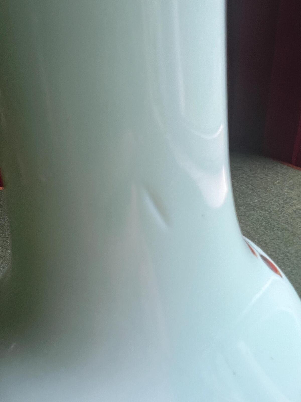 Antique uranium glass hand painted enamel floral vase. Harrach Bohemian glass tall decorative vase.