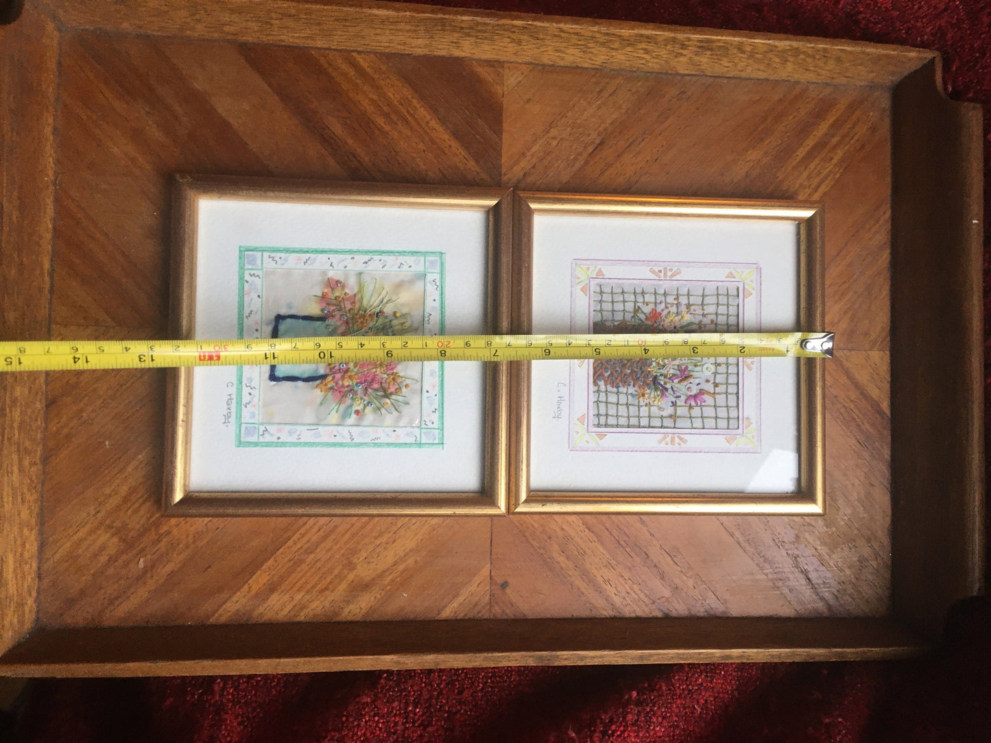2 Beautiful detailed framed embroidery flower scenes. Signed C Haxby. Portfolio of Yarm.