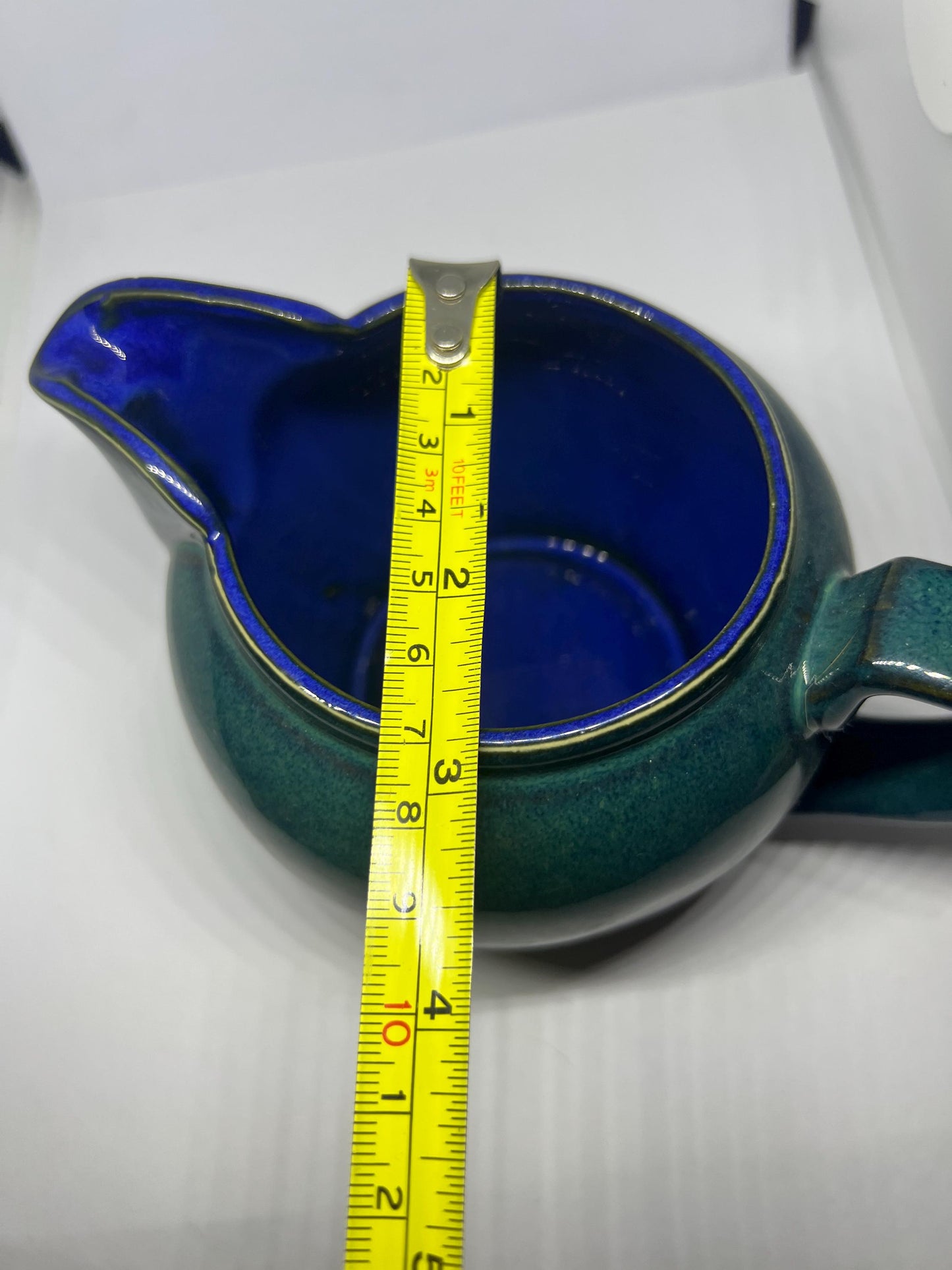 Vintage Denby Metz Milk Jug creamer. Green glazed outer with blue glaze inside.