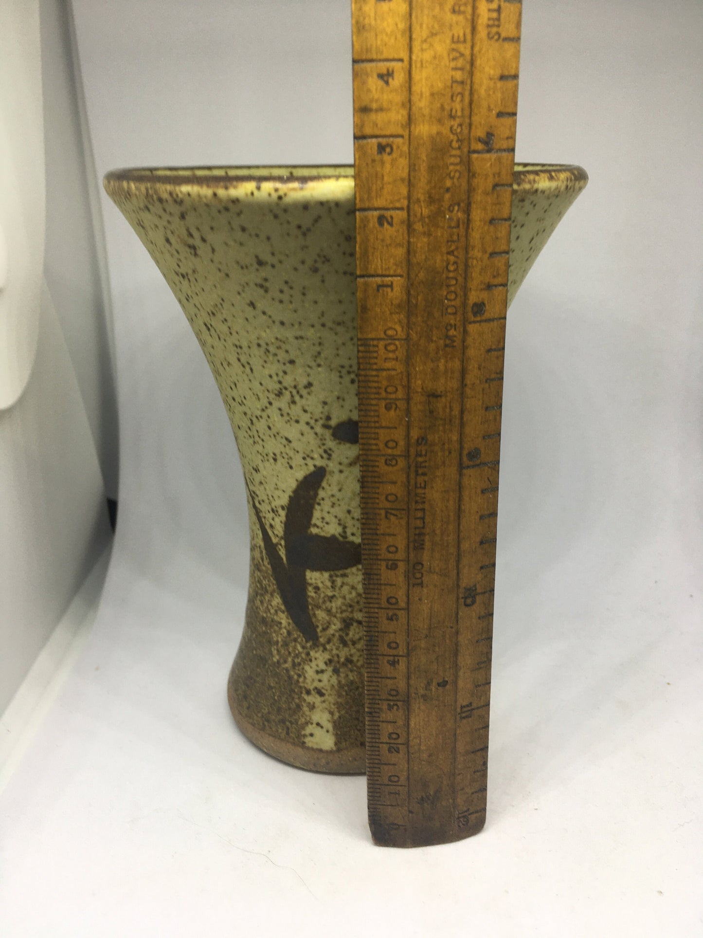 Vintage stoneware trumpet vase with abstract design. Speckle glazed mid century flower display vase.