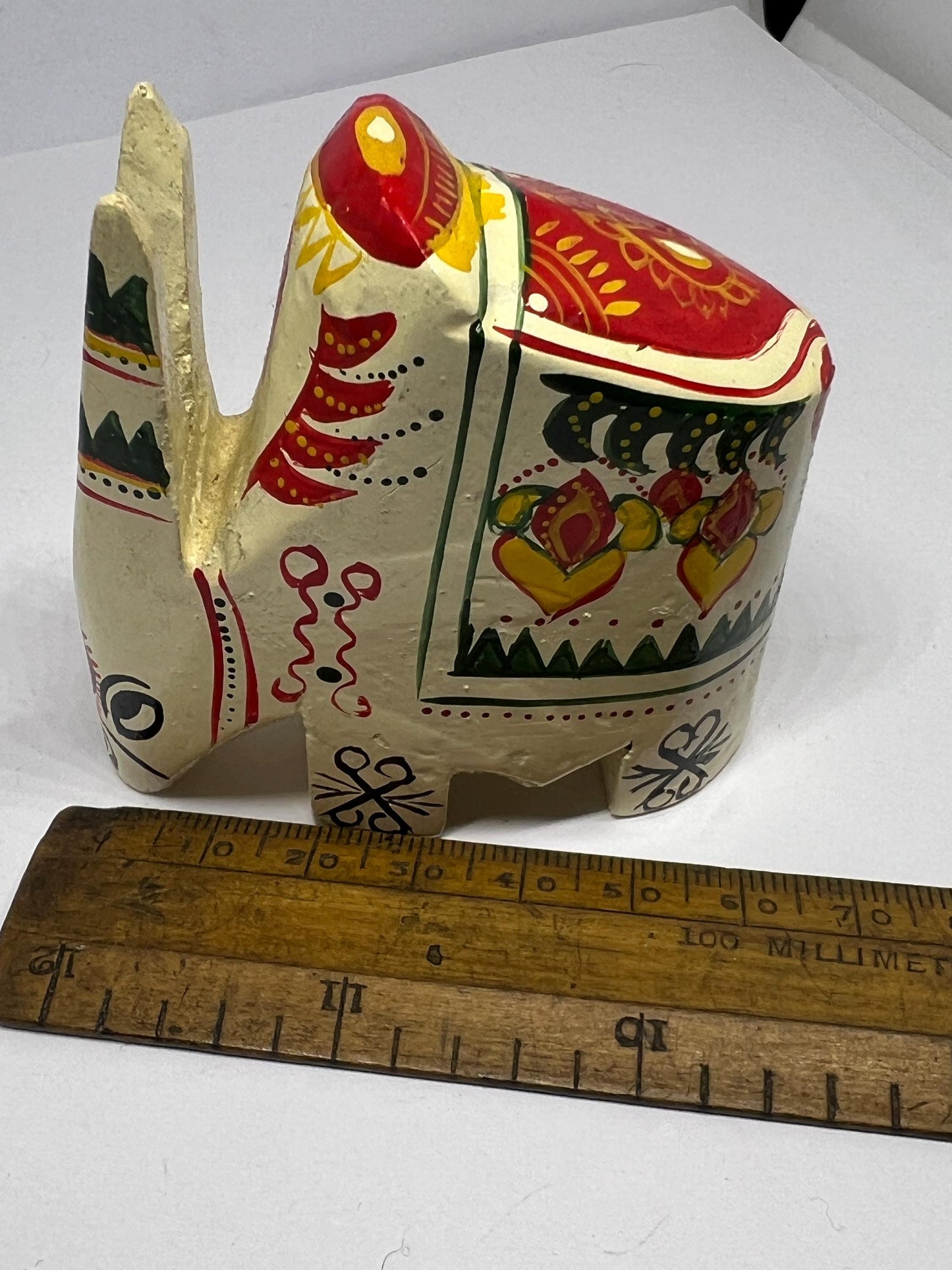 Folk art elephant figurine. Sri Lankan decorative hand painted elephant.