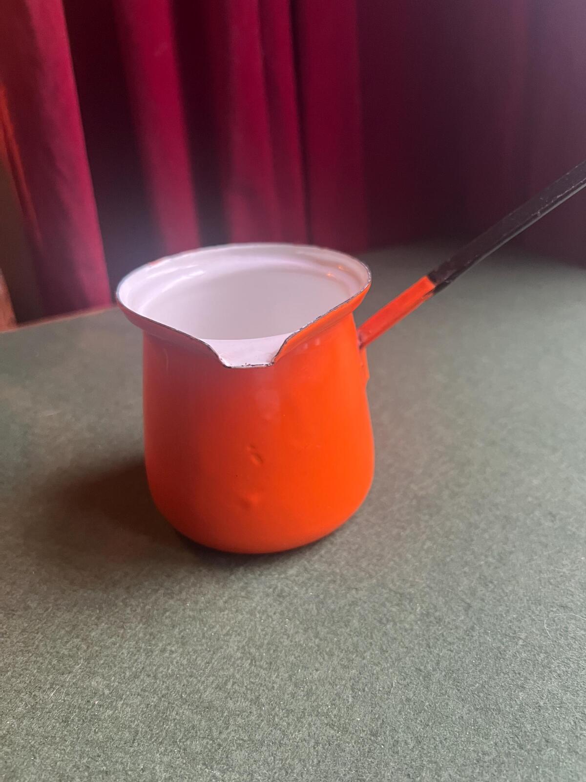 Vintage orange enamel Turkish coffee pot. Made in Poland. Butter Milk Warmer.