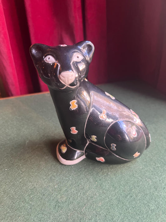 Studio pottery black panther. Hand made signed South African Raku pottery stylised panther figurine.