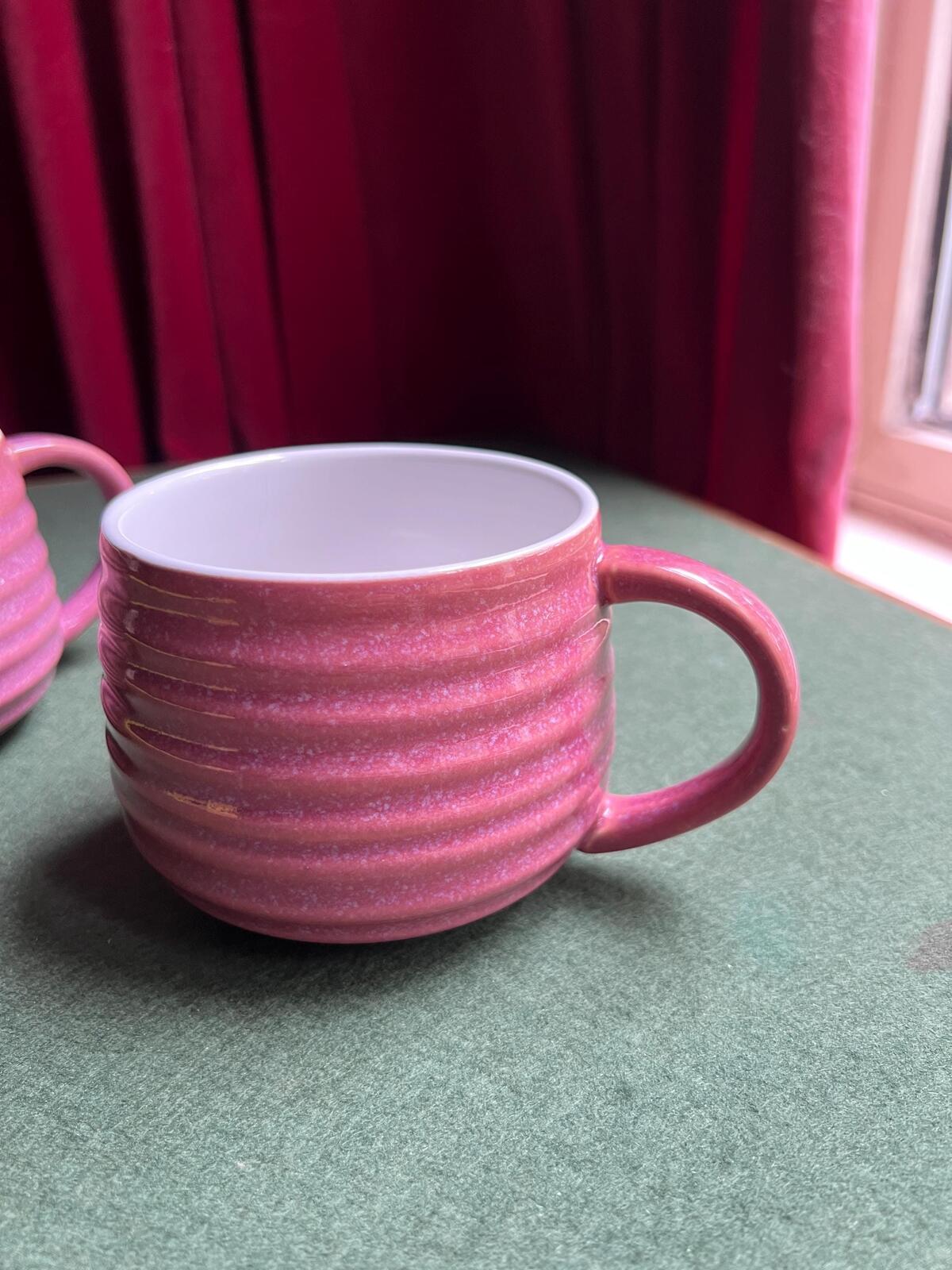 Pair of pink glaze coffee tea mugs. The Old Pottery Company,