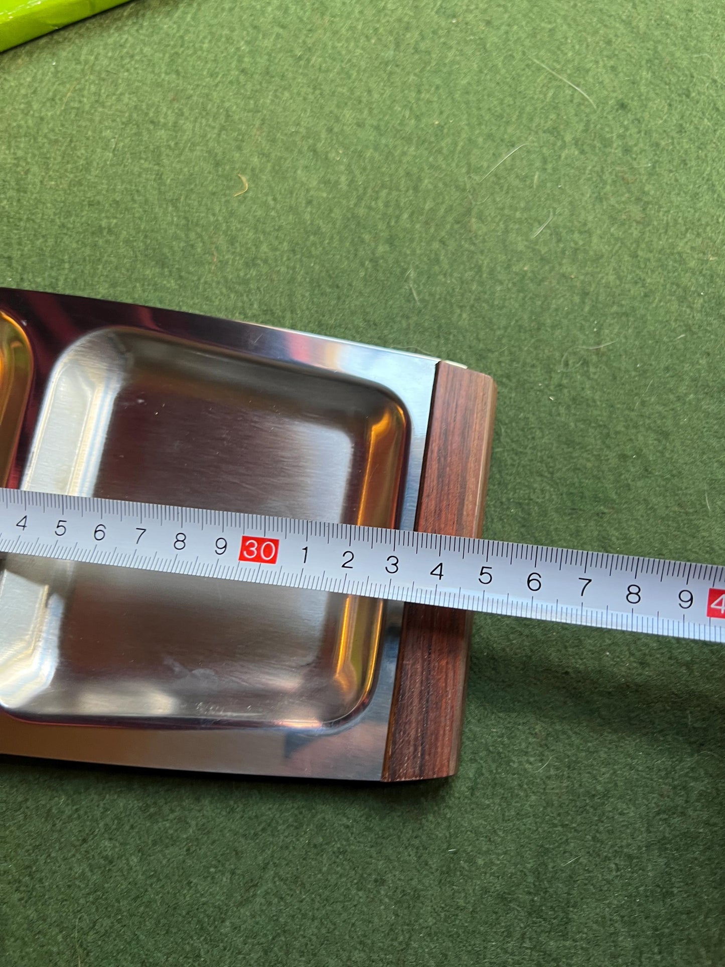 MCM 1960s Stainless steel and wooden serving tray. Original box 3 part Hong Kong Stainless Steel sticker.