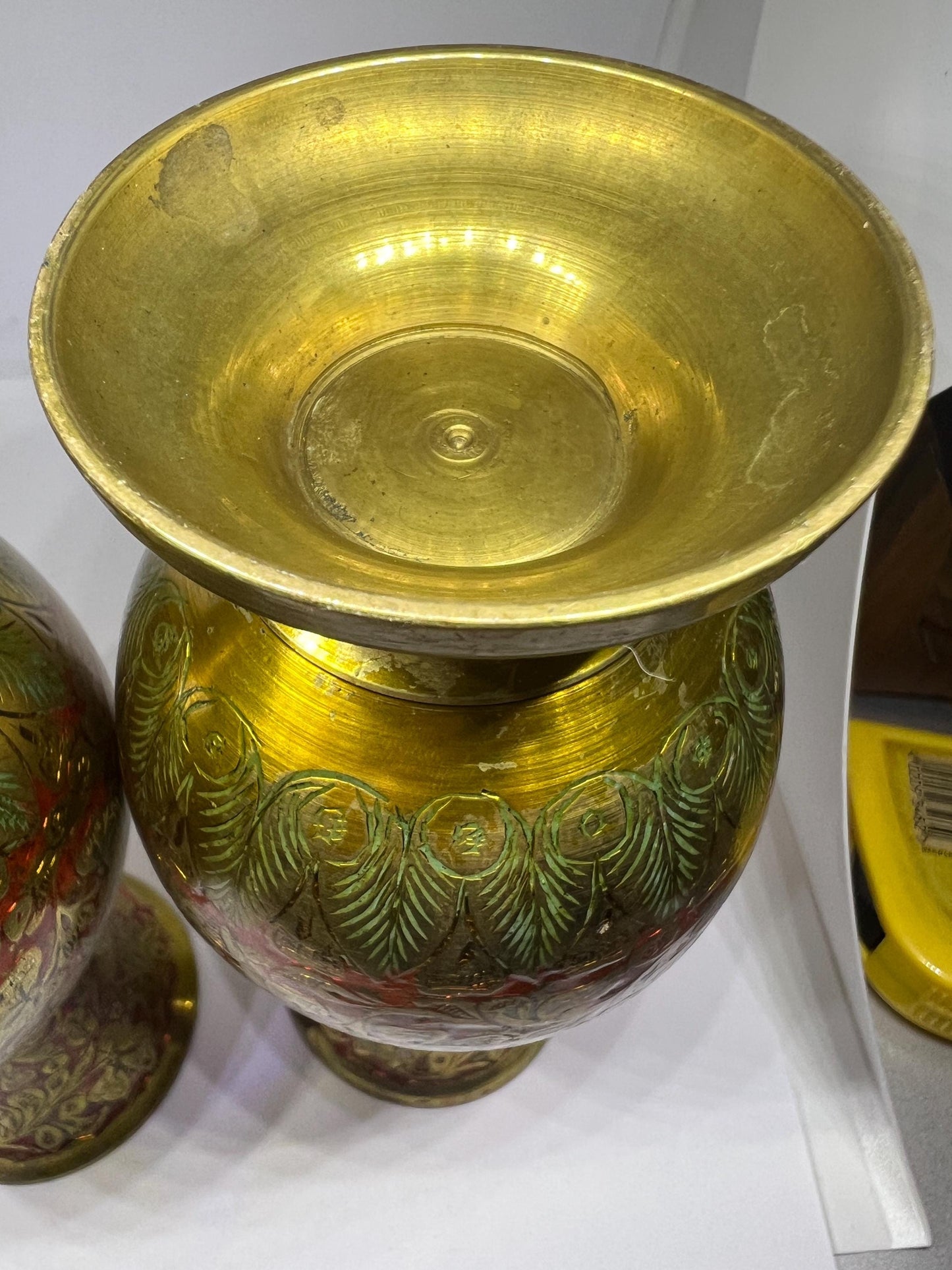 Vintage brass enamel ornamental vases. 2 available.