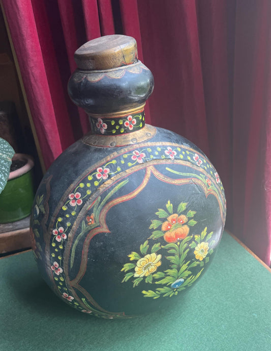 Vintage metal Indian Water bottle. Hand painted decorative stoppered water carrier. Tole ware floral wooden stoppered metalware bottle.