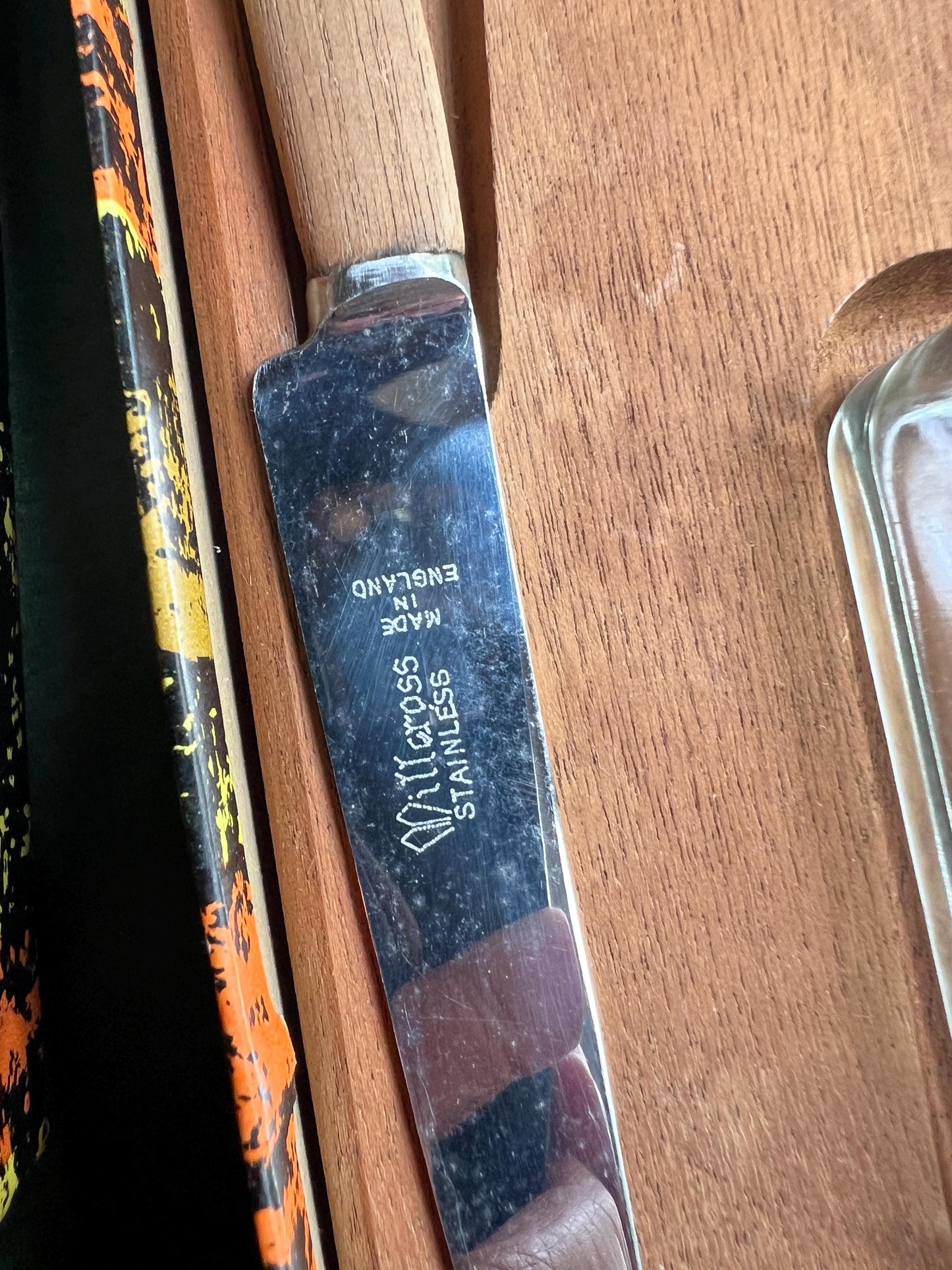 1970s MCM cheese board Wooden cheese serving platter ceramic tile insert Butter dish and original knives.