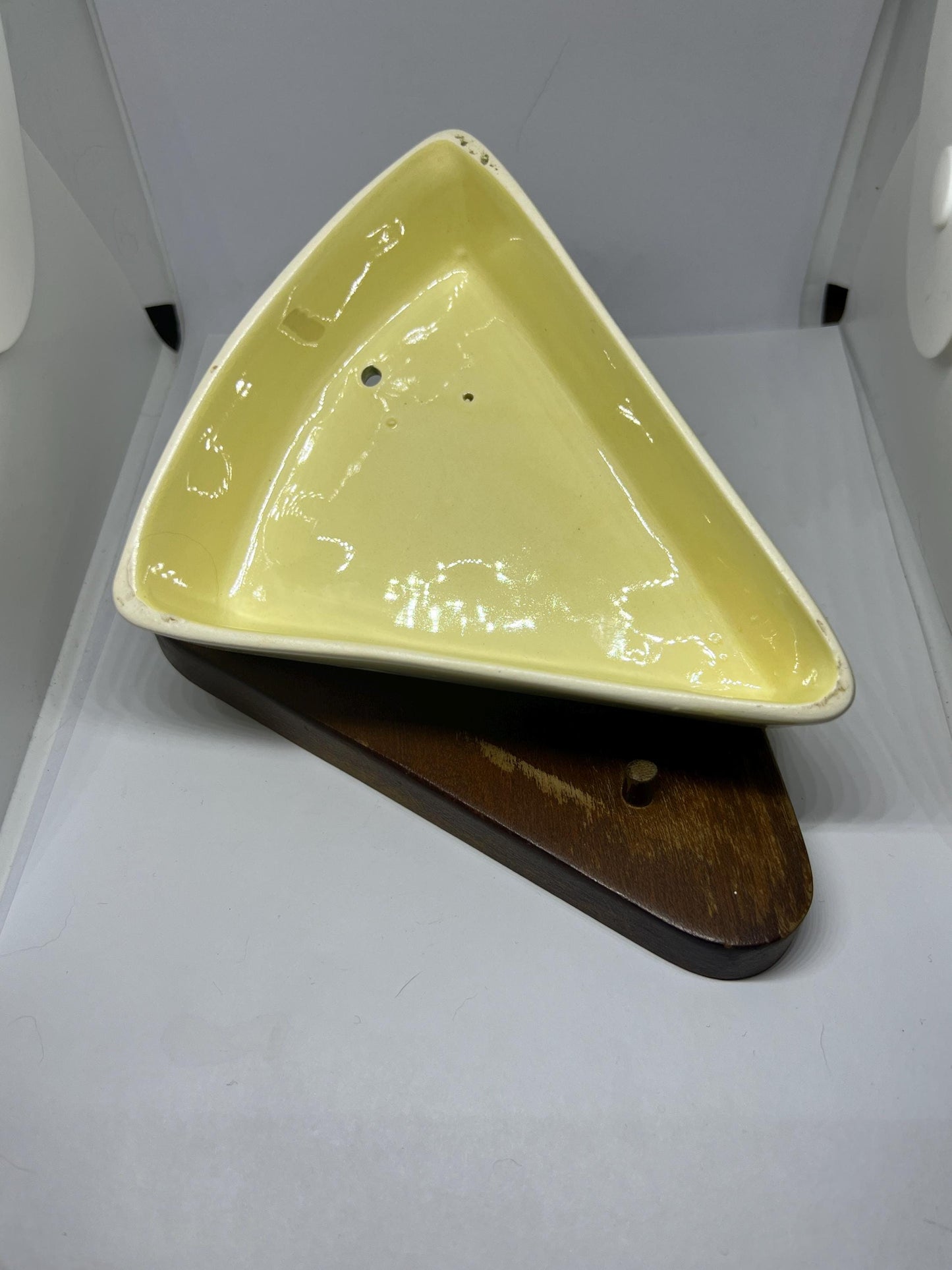Retro ceramic wood covered cheese dish with kitsch mouse.