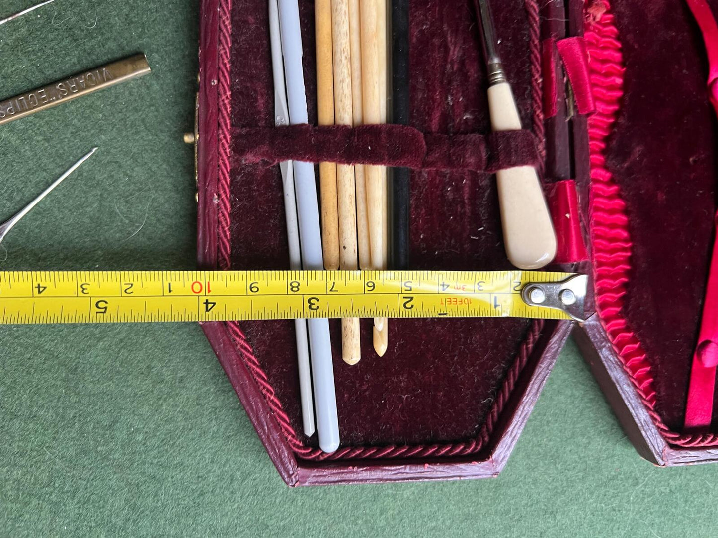 Vintage Edwardian crochet hook boxed set. Red octagonal lidded box with antique crochet hooks. Haberdashery lover gift.