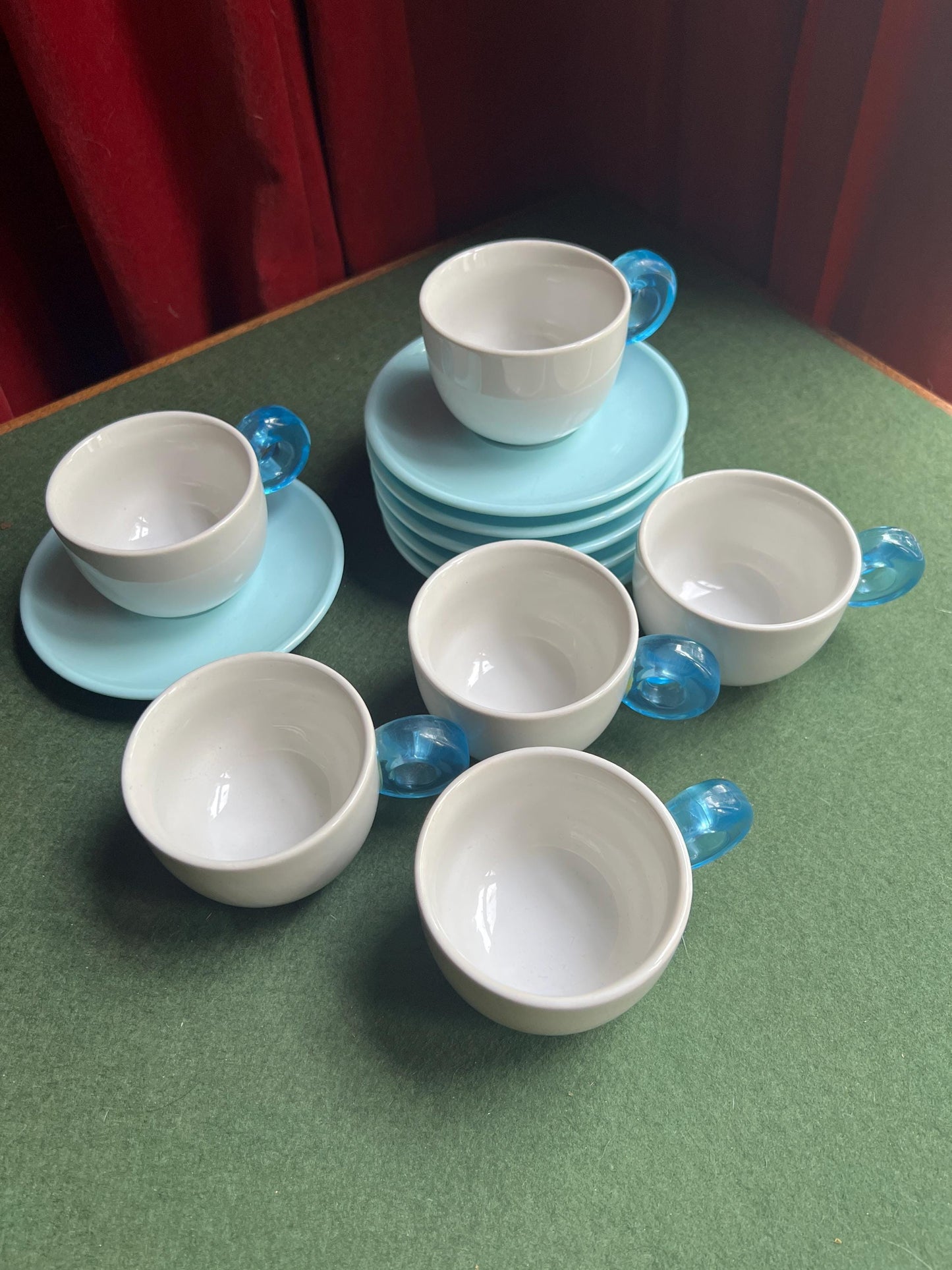 Set 6 coffee espresso mugs. Ceramic cup plastic handle and melamine saucer Stamped Omada Made in Italy