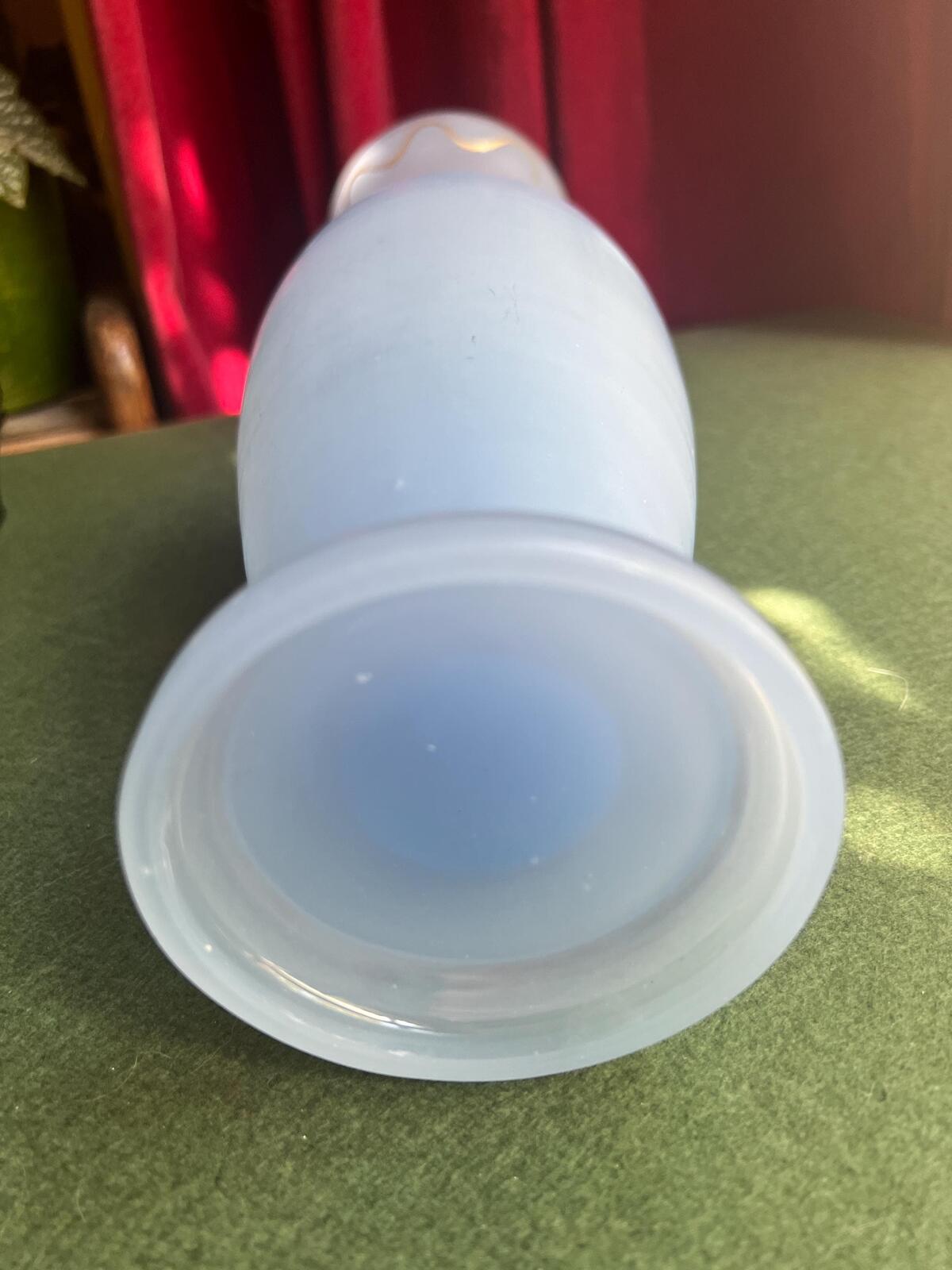 Rare Antique satin glass vase. Blue opaque glass tall vase with gold detail. Victoriana collector gift.