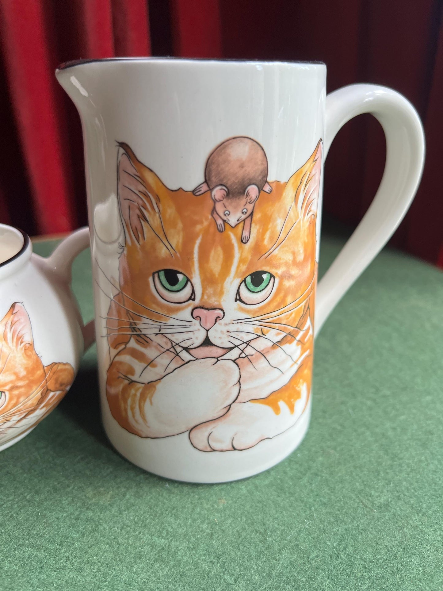 Vintage Arthur Wood milk jug and water jug, Cat and mouse design. Back to front ginger tabby cat with brown mouse. Sold Separately.