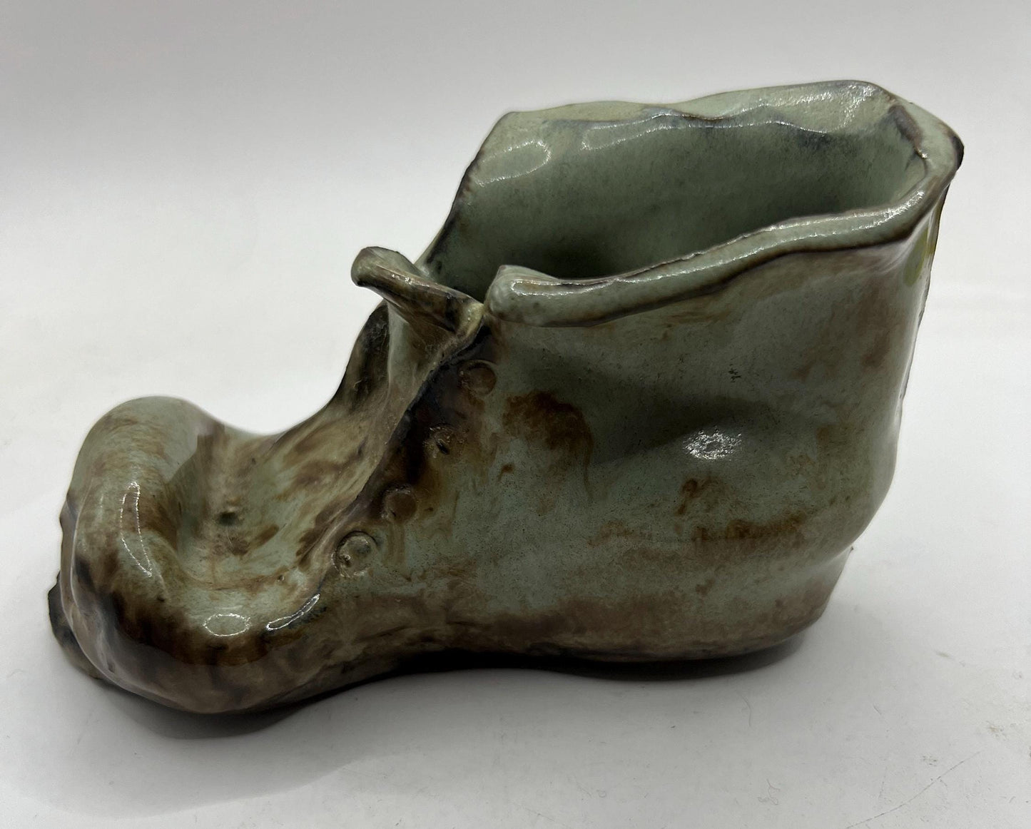 Quirky Studio pottery old boot planter. Signed. Grey green brown glaze.
